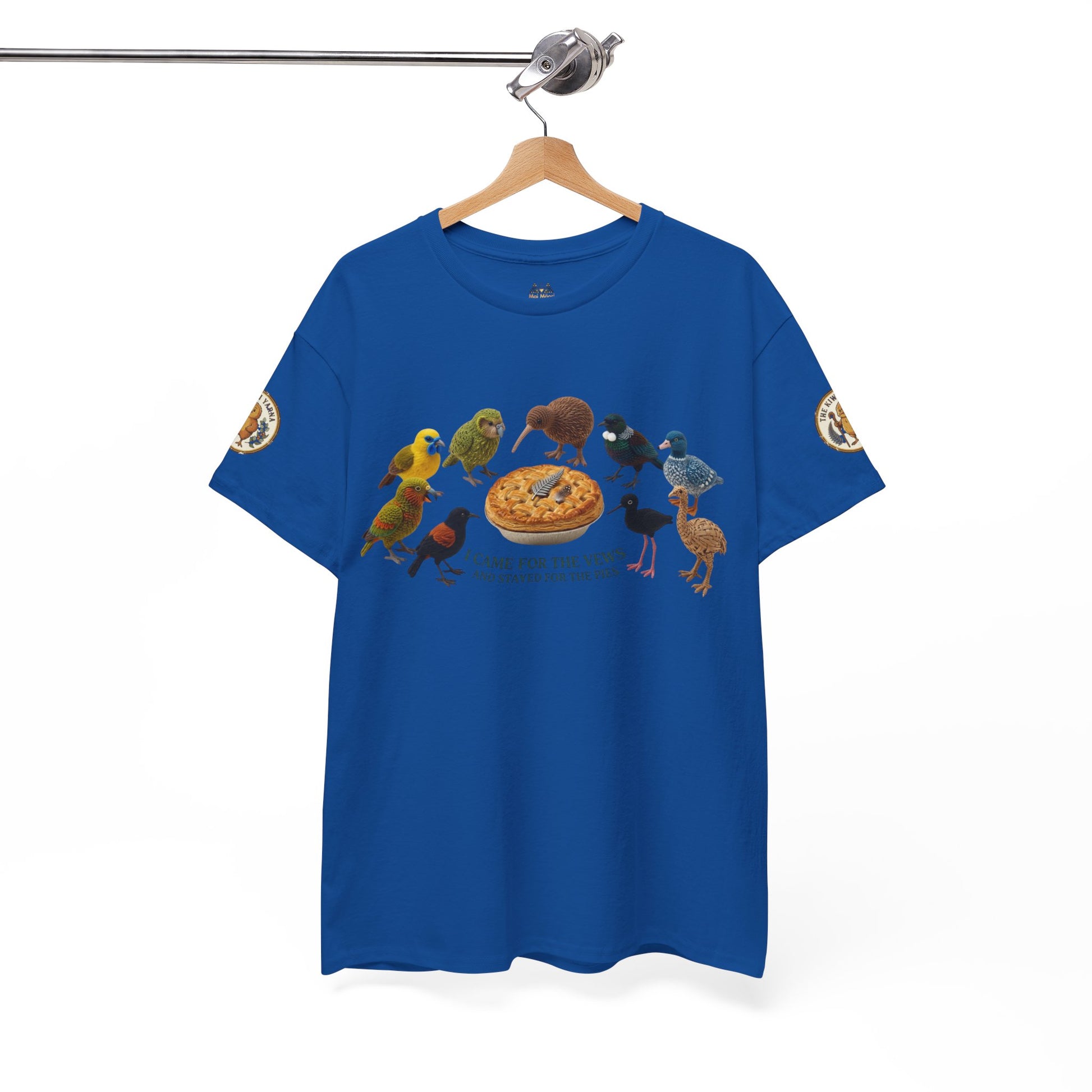 Blue crewneck graphic T-shirt with bird-and-pizza print and sleeve patches