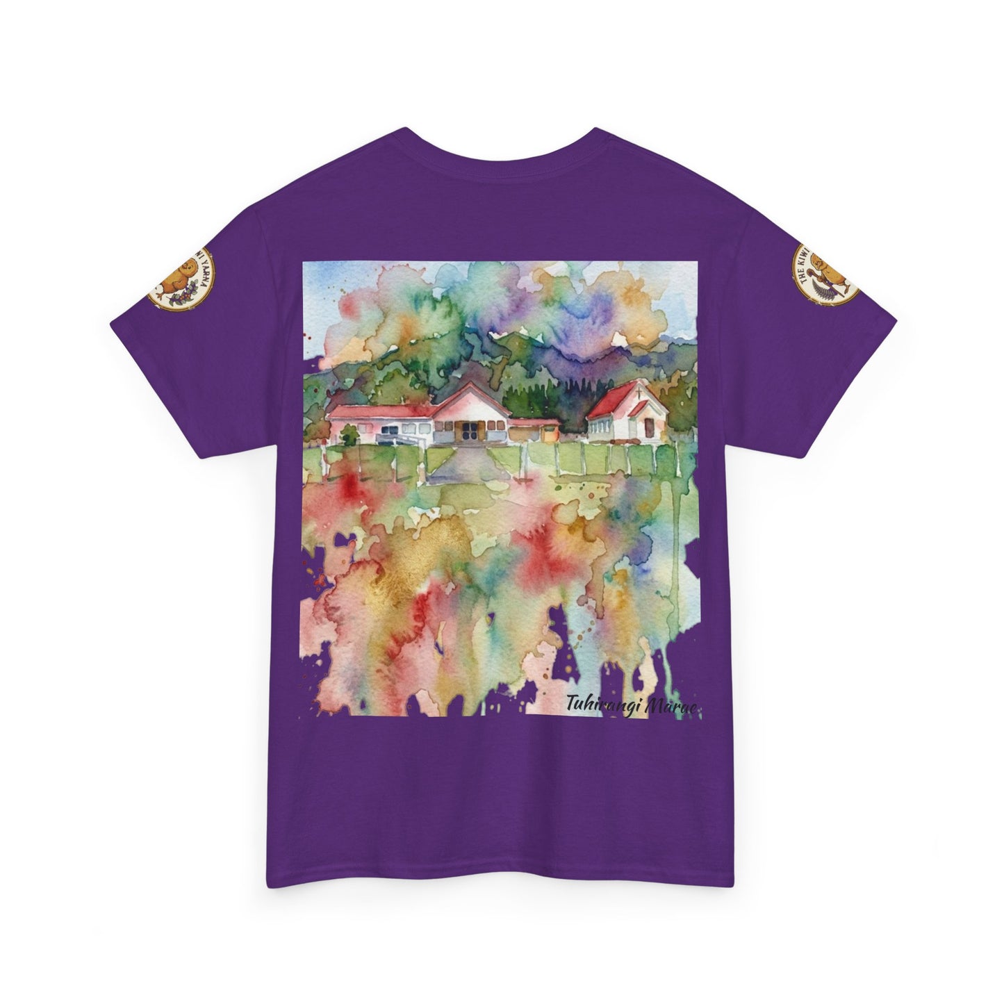 Purple graphic T-shirt with rectangular watercolor house scene on the front