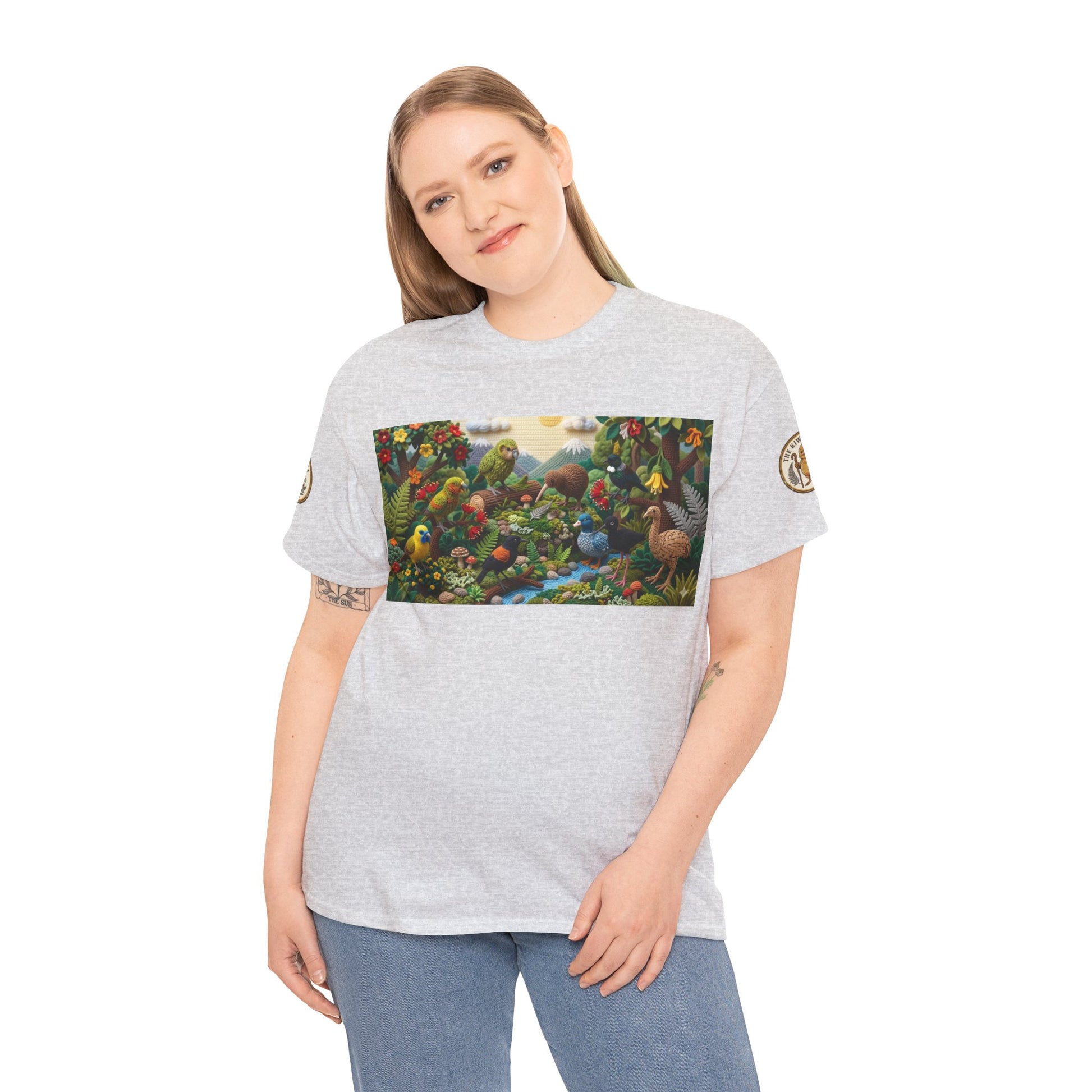 Heather gray graphic T-shirt worn by model with birds-and-forest chest print