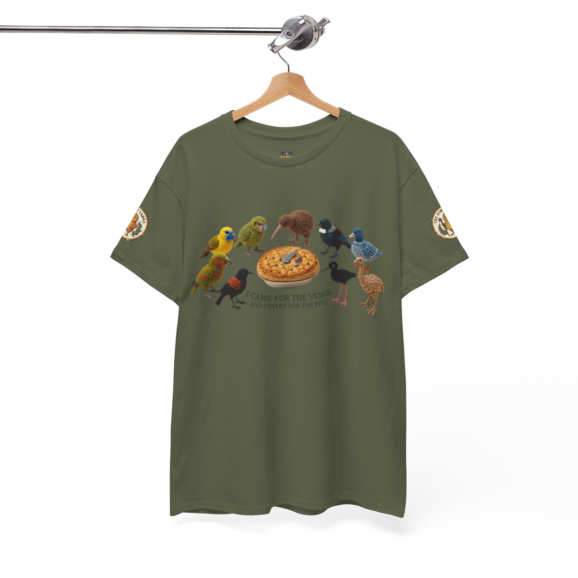 Olive green graphic T-shirt on hanger with birds and pizza front print