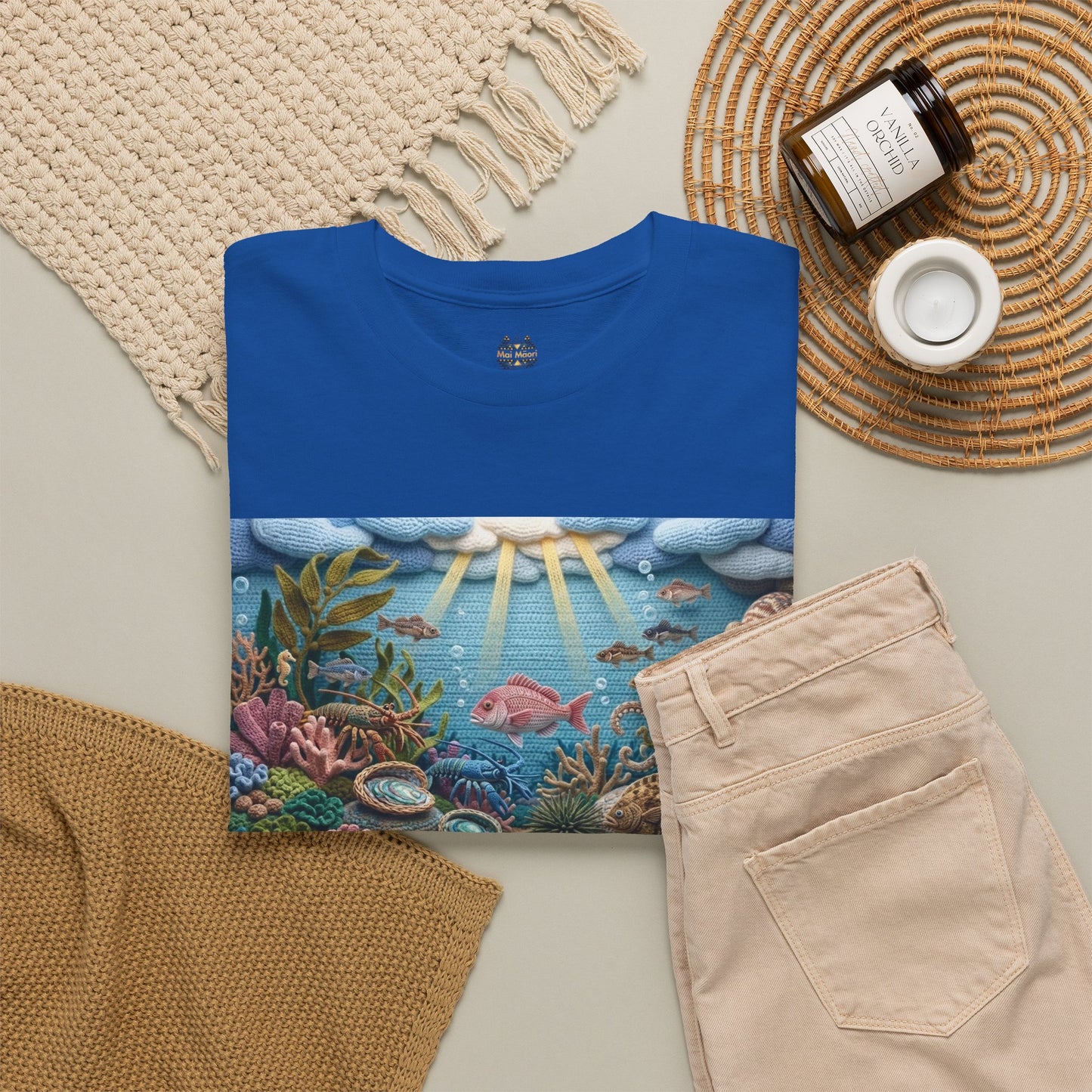 Blue crewneck T-shirt with undersea panel print, short sleeves, and small chest emblem