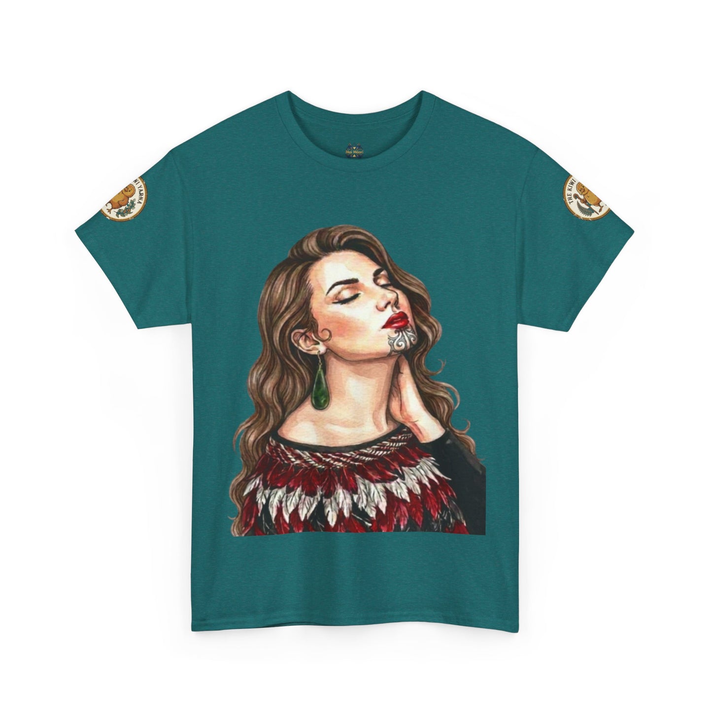 Teal graphic portrait T-shirt with short sleeves and decorative sleeve patches