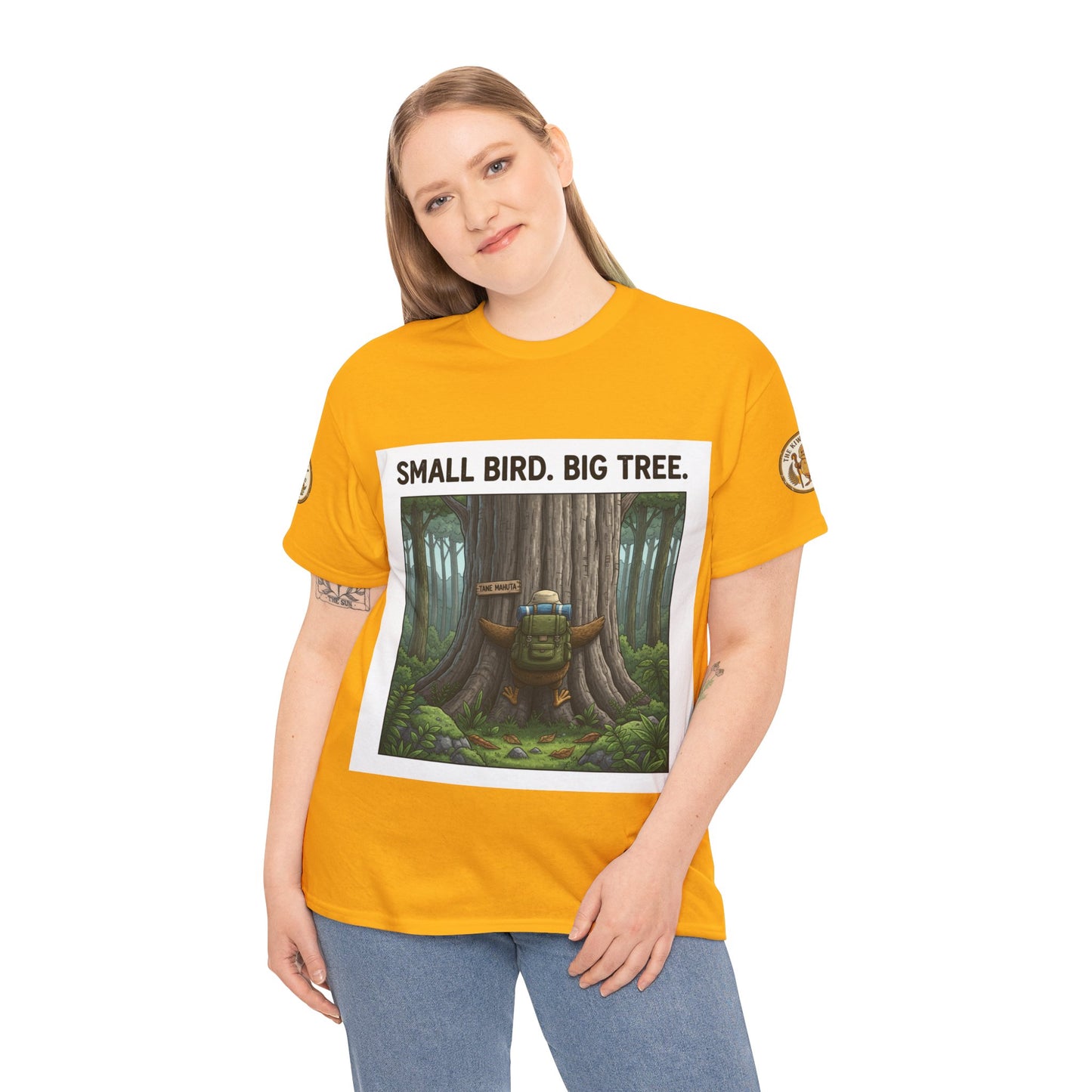 Mustard yellow crewneck T-shirt with centered forest scene graphic and tree slogan