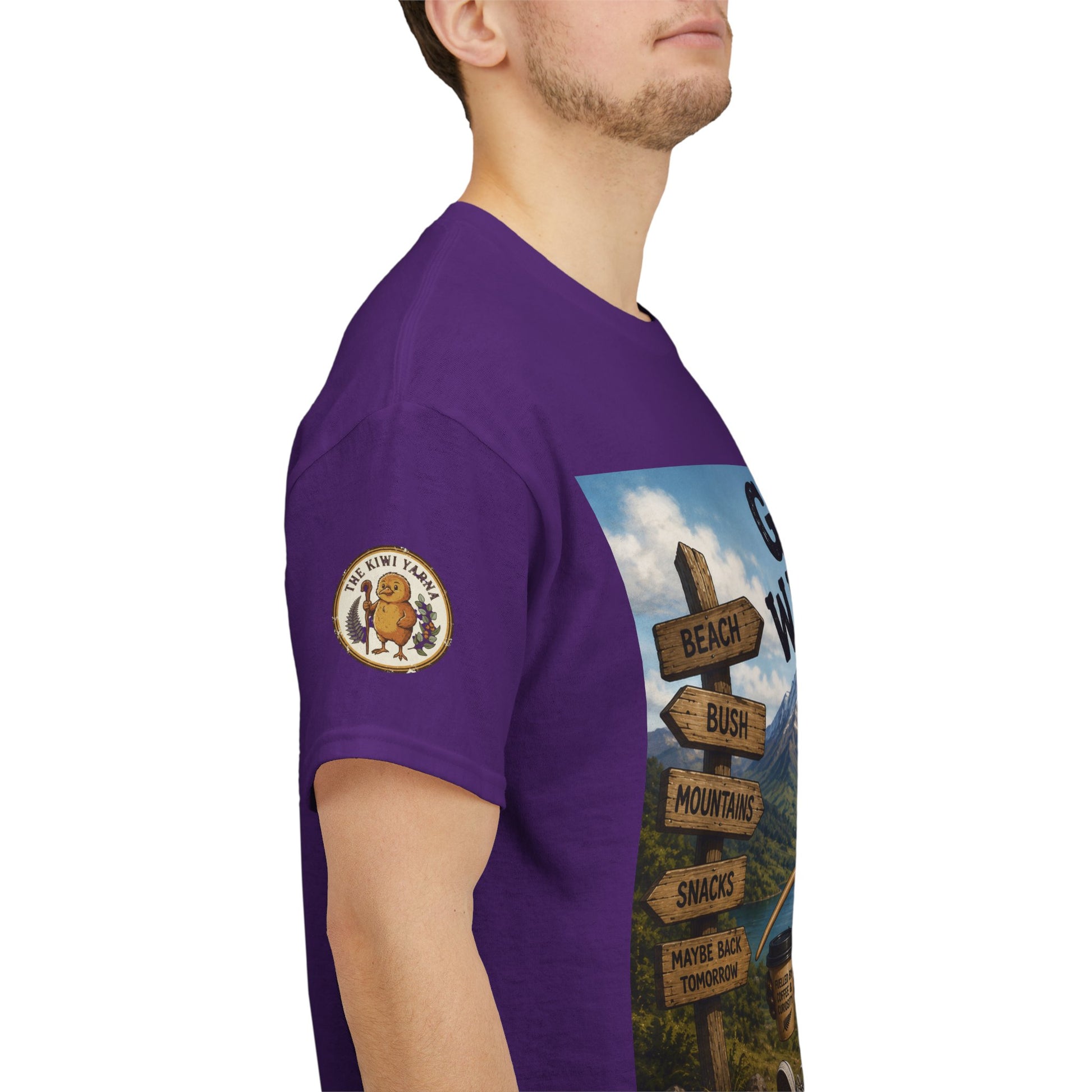 Purple crew-neck graphic T-shirt with side sleeve print and circular logo patch