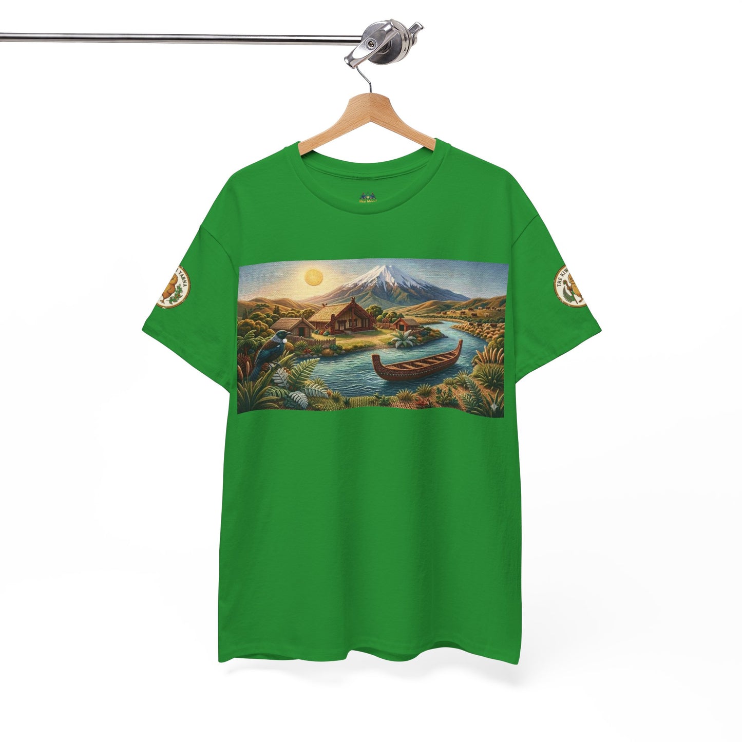 Bright green crew-neck short-sleeve T-shirt on hanger with scenic mountain canoe graphic.