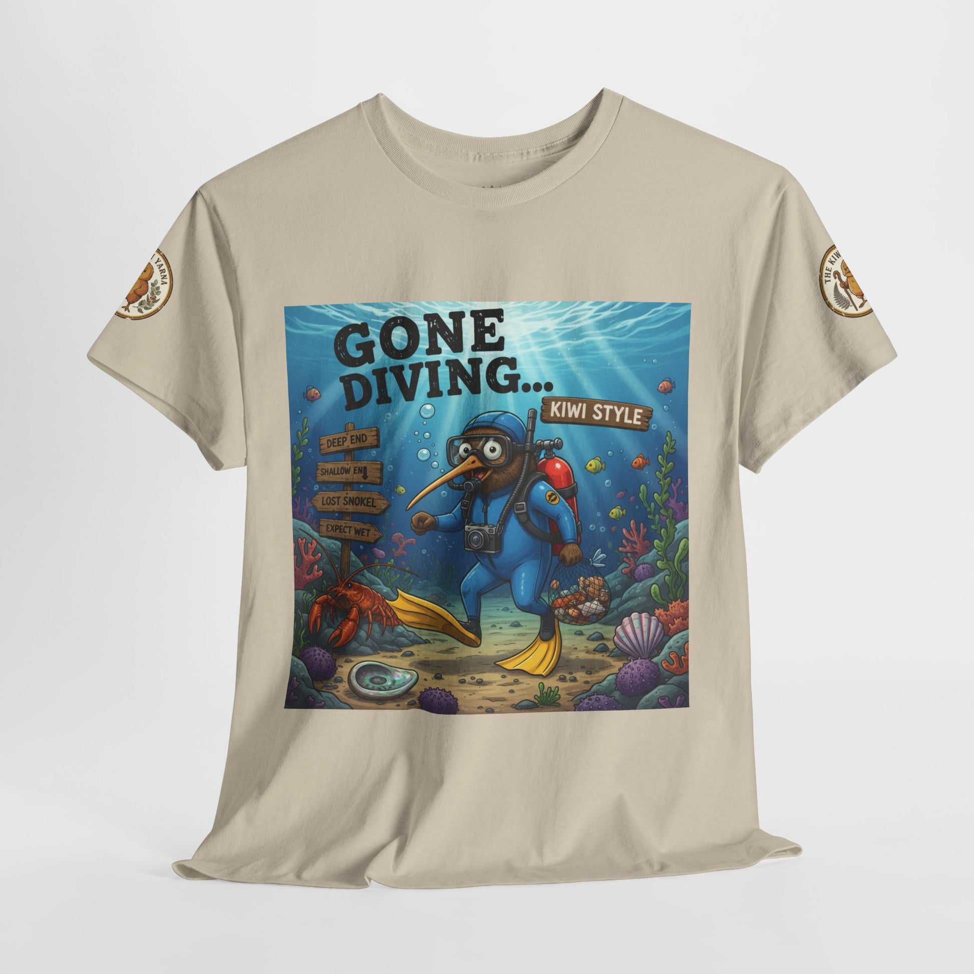 Beige crewneck graphic T-shirt with underwater diver square front print
