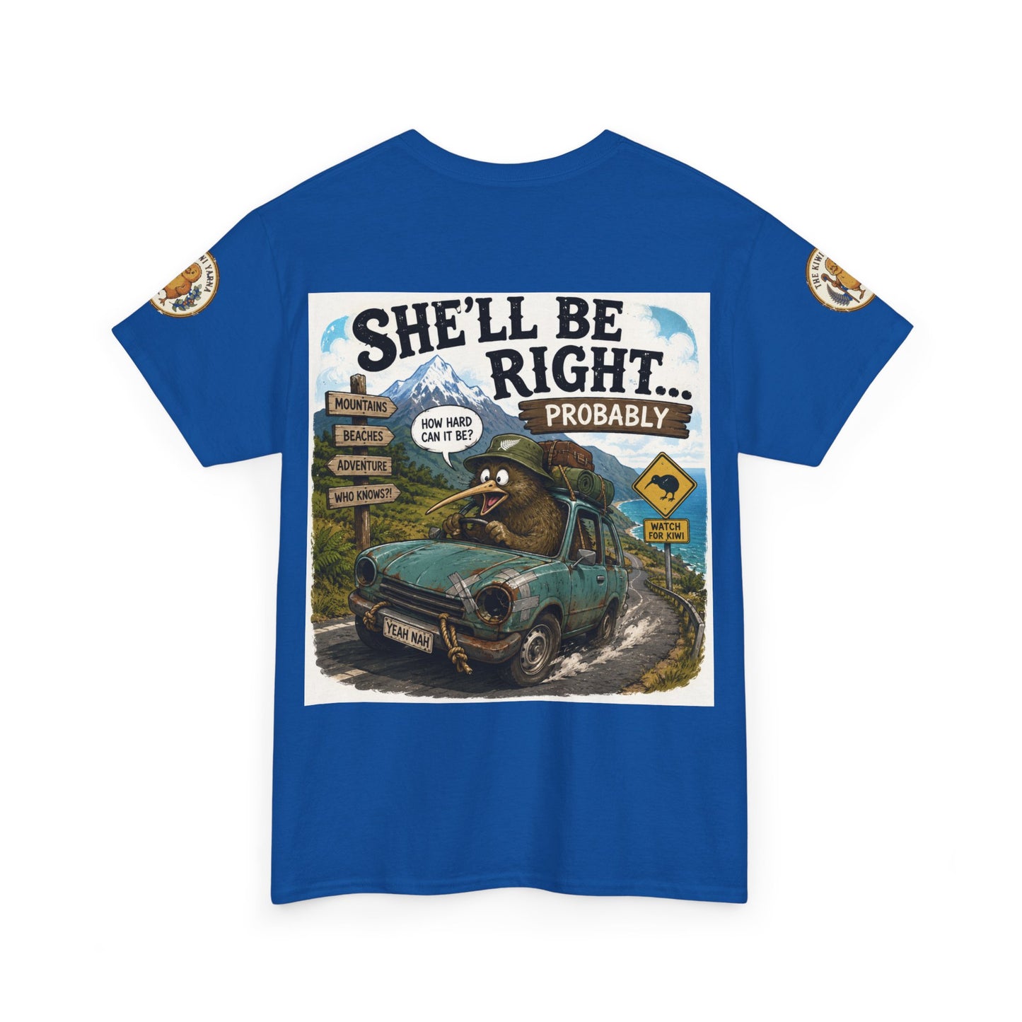 Royal blue graphic T-shirt with front photo-style logo print and small sleeve emblems