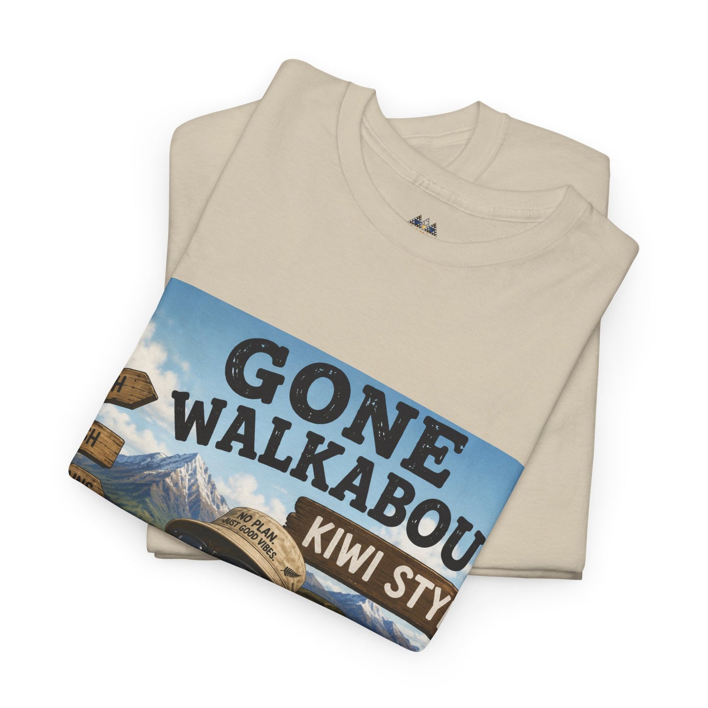 Natural T-shirt stacked with “Gone Walkabout Kiwi Style” graphic across the chest.