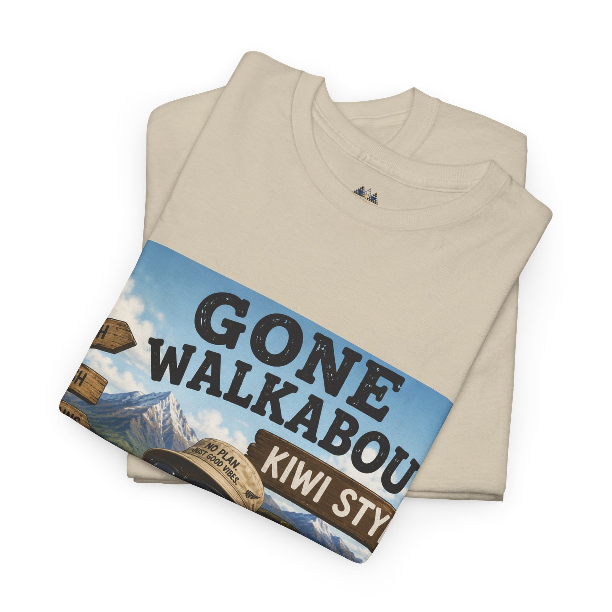 Natural T-shirt stacked with “Gone Walkabout Kiwi Style” graphic across the chest.