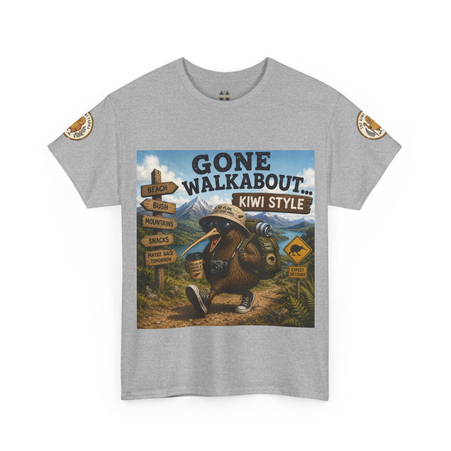 Heather gray crew-neck graphic T-shirt with rectangular “Gone Walkabout” kiwi-style front print