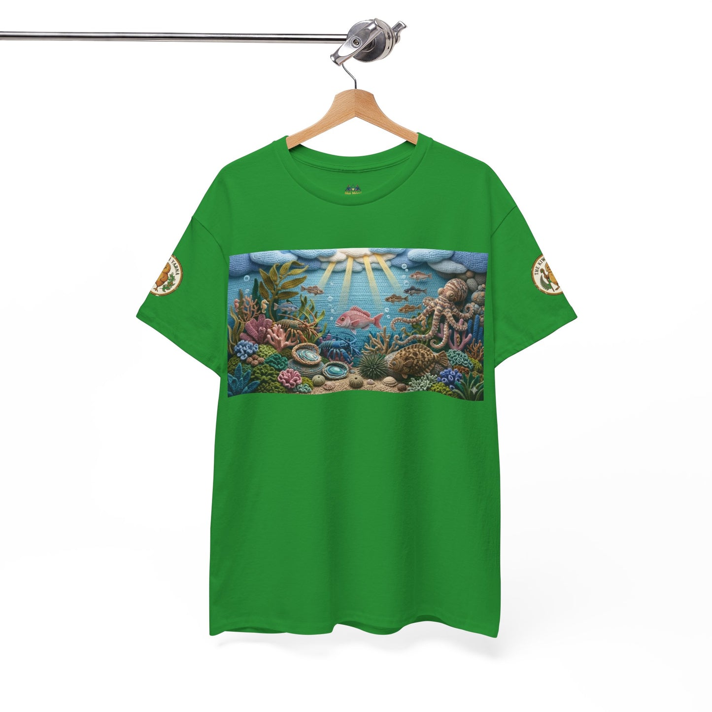 Green crew-neck graphic T-shirt with rectangular ocean scene front print on hanger