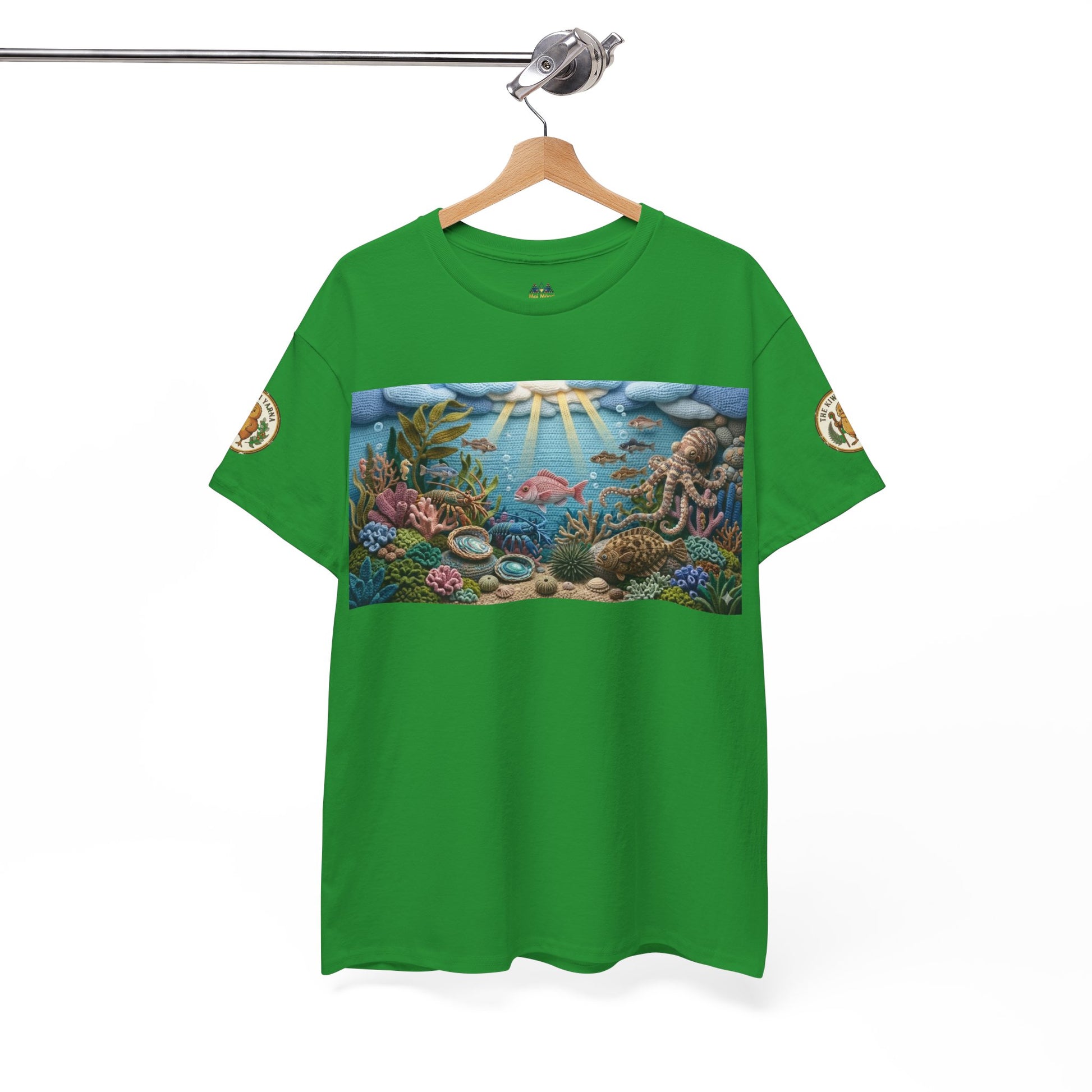 Green crew-neck graphic T-shirt with rectangular ocean scene front print on hanger
