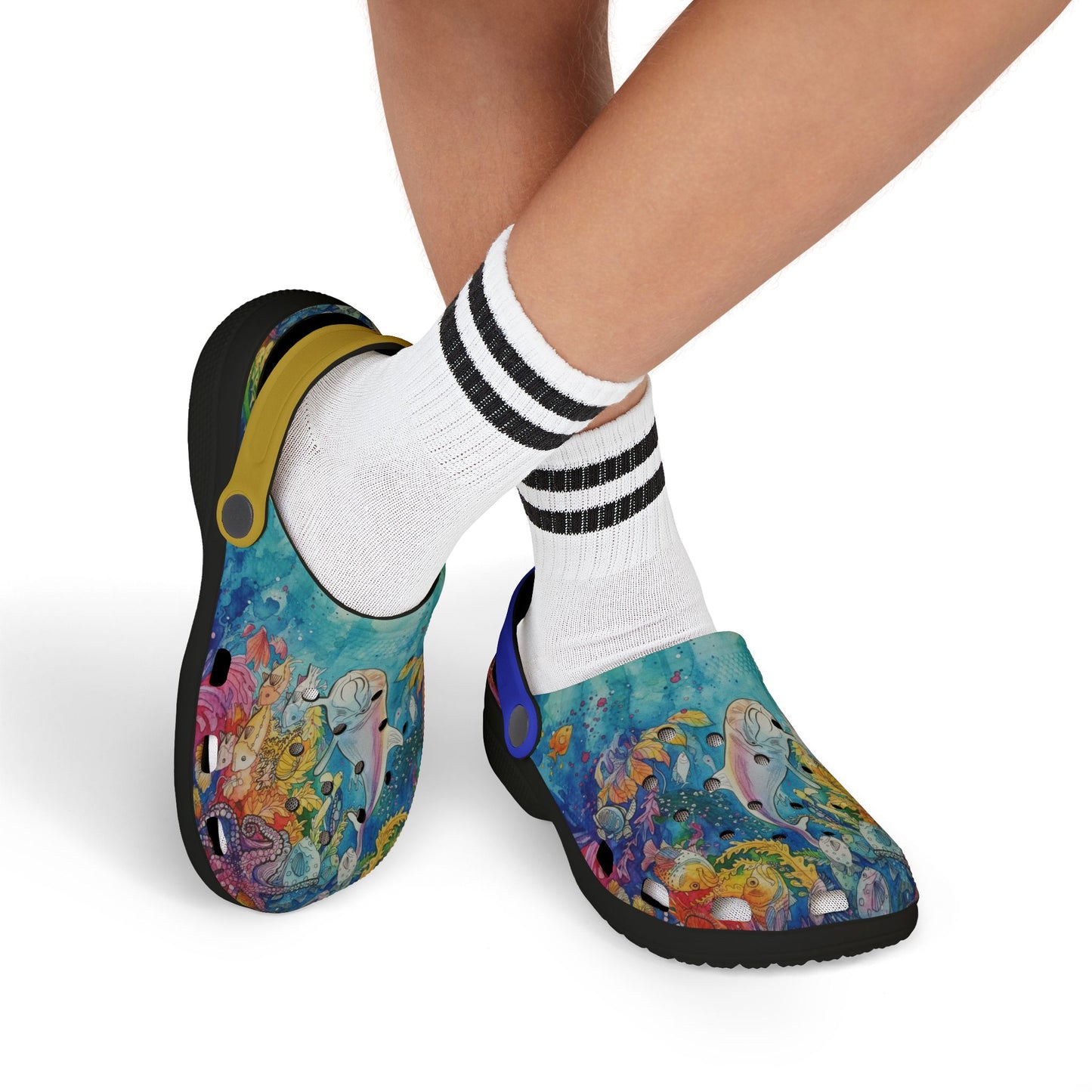 Kids ocean-print clog shoes with white socks; one shoe turned side view, blue strap