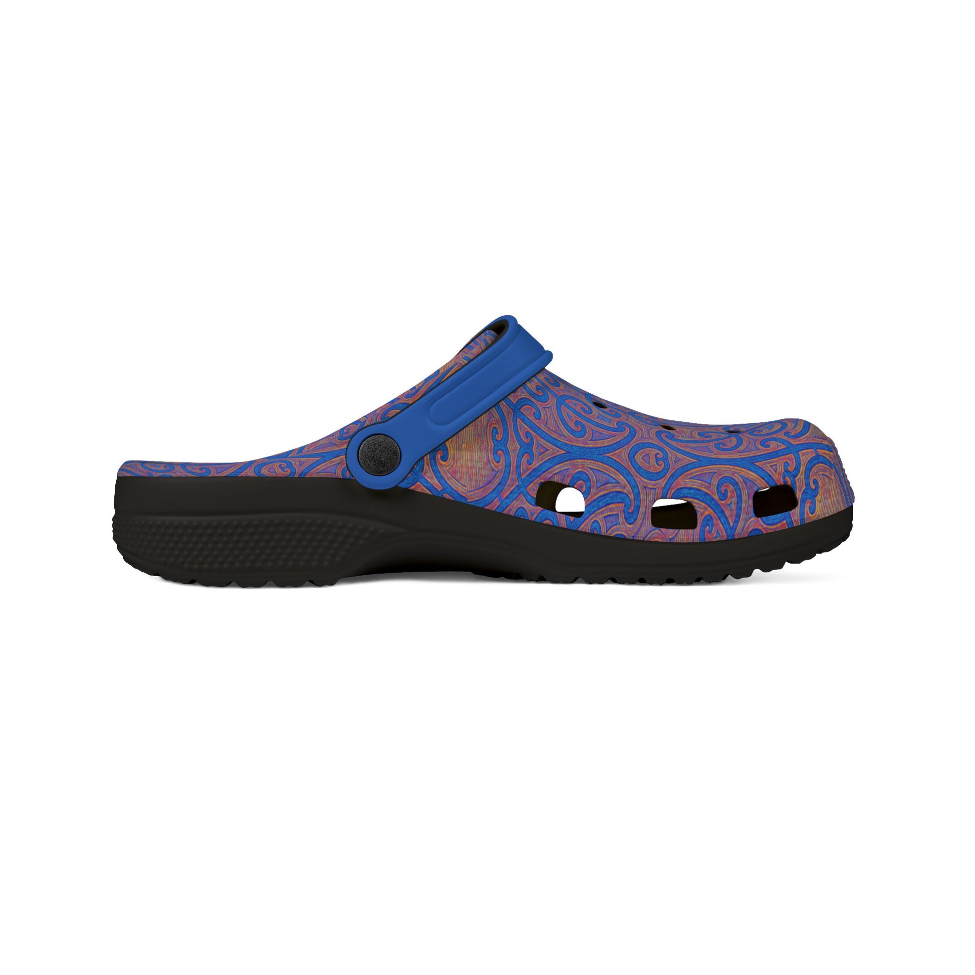 Side view of blue croc-style clogs with purple pattern, vent holes, and dark sole.
