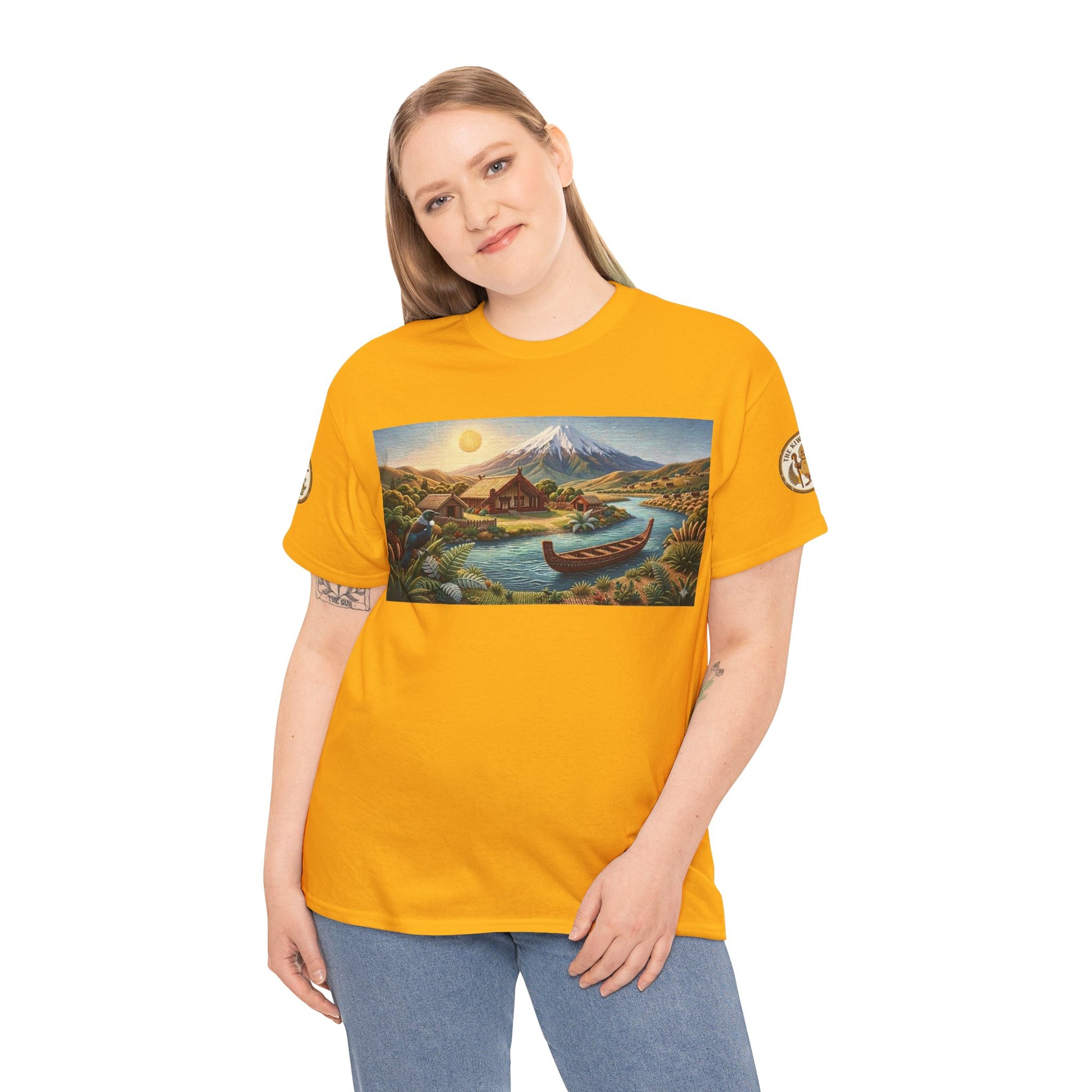 Unisex yellow graphic T-shirt worn by model; landscape print across the chest.