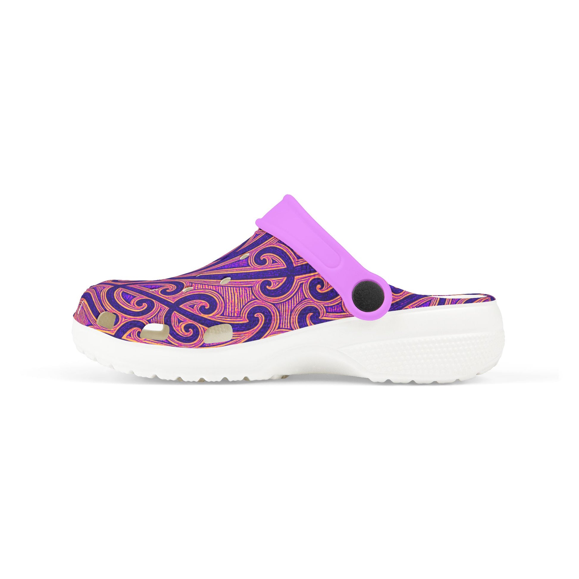 Tauira slip-on clogs, low-profile side view with ornate blue/purple upper and white sole