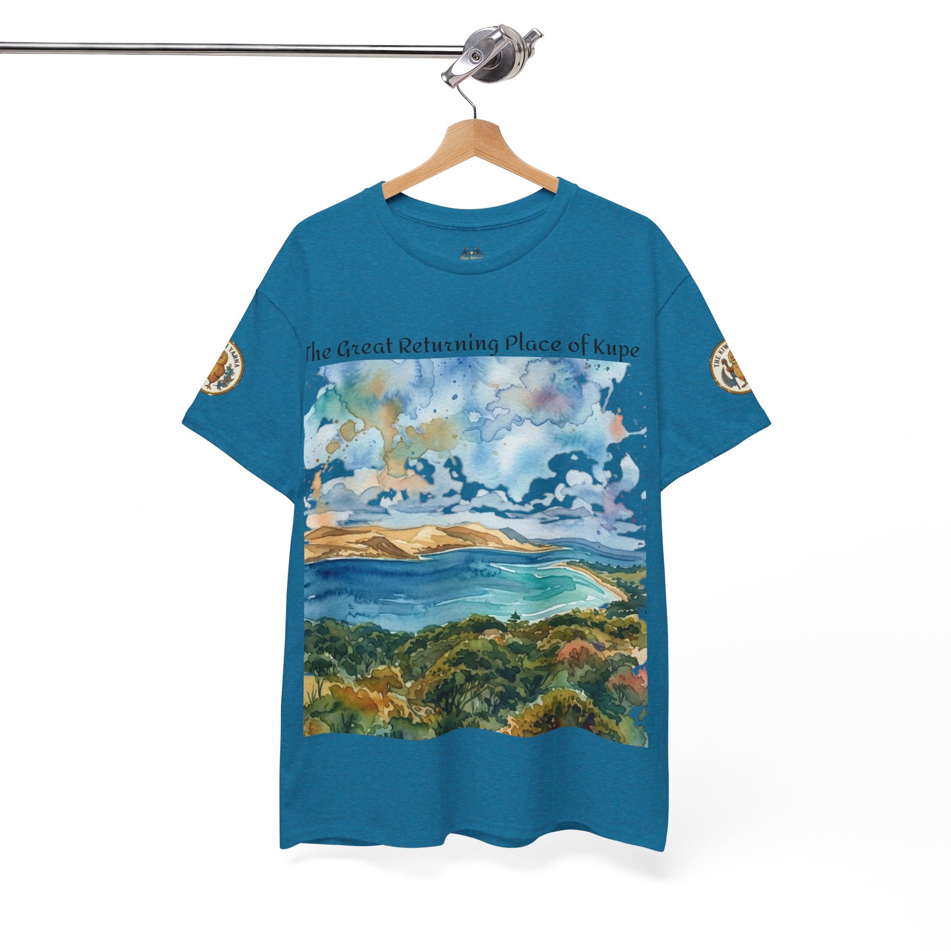 Teal unisex graphic T-shirt hanging, front landscape print and round sleeve emblem