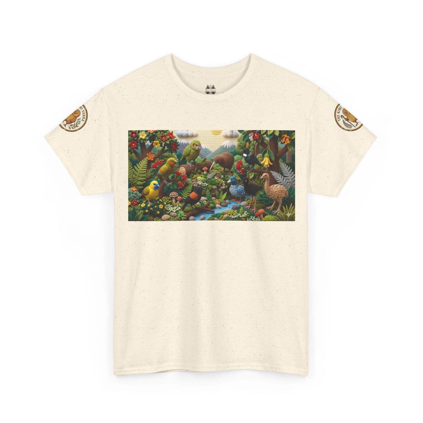 Off-white crewneck T-shirt with wildlife bird graphic and circular sleeve logo patches