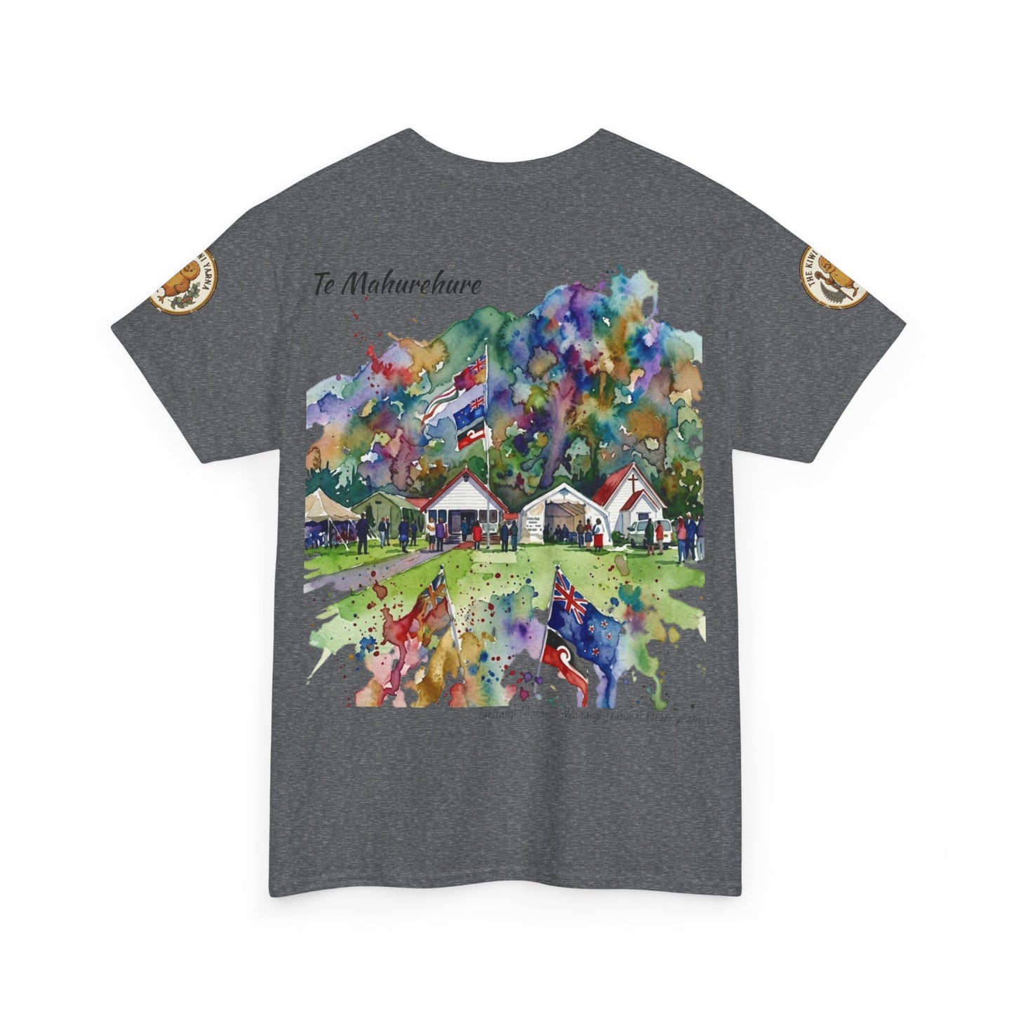 Gray graphic T-shirt with colorful watercolor-style village print and sleeve patches