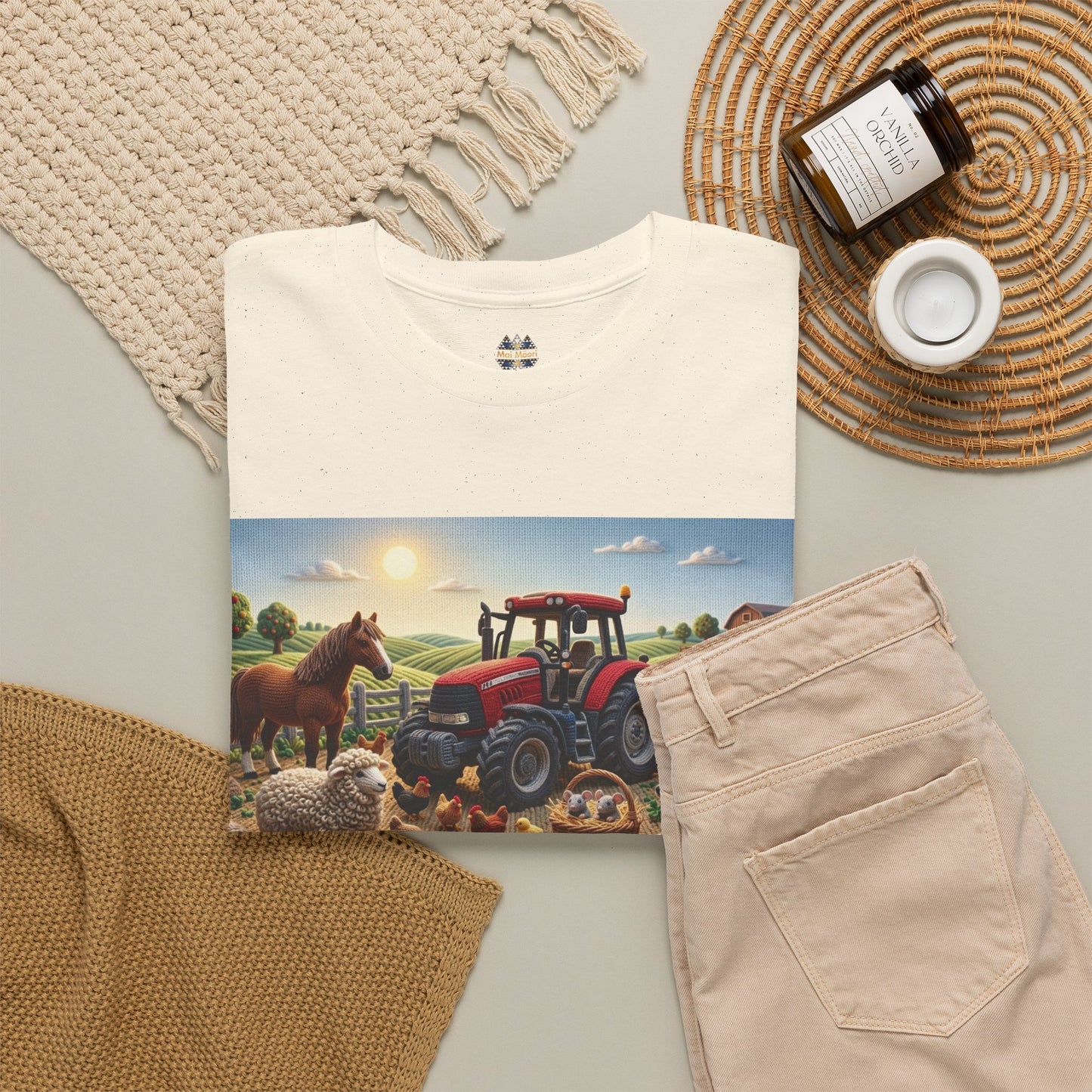Cream graphic T-shirt flat lay with farm scene print and folded tan pants