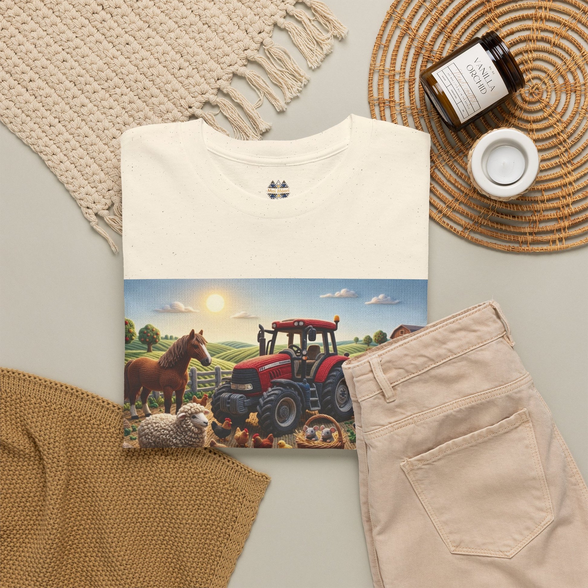 Cream graphic T-shirt flat lay with farm scene print and folded tan pants