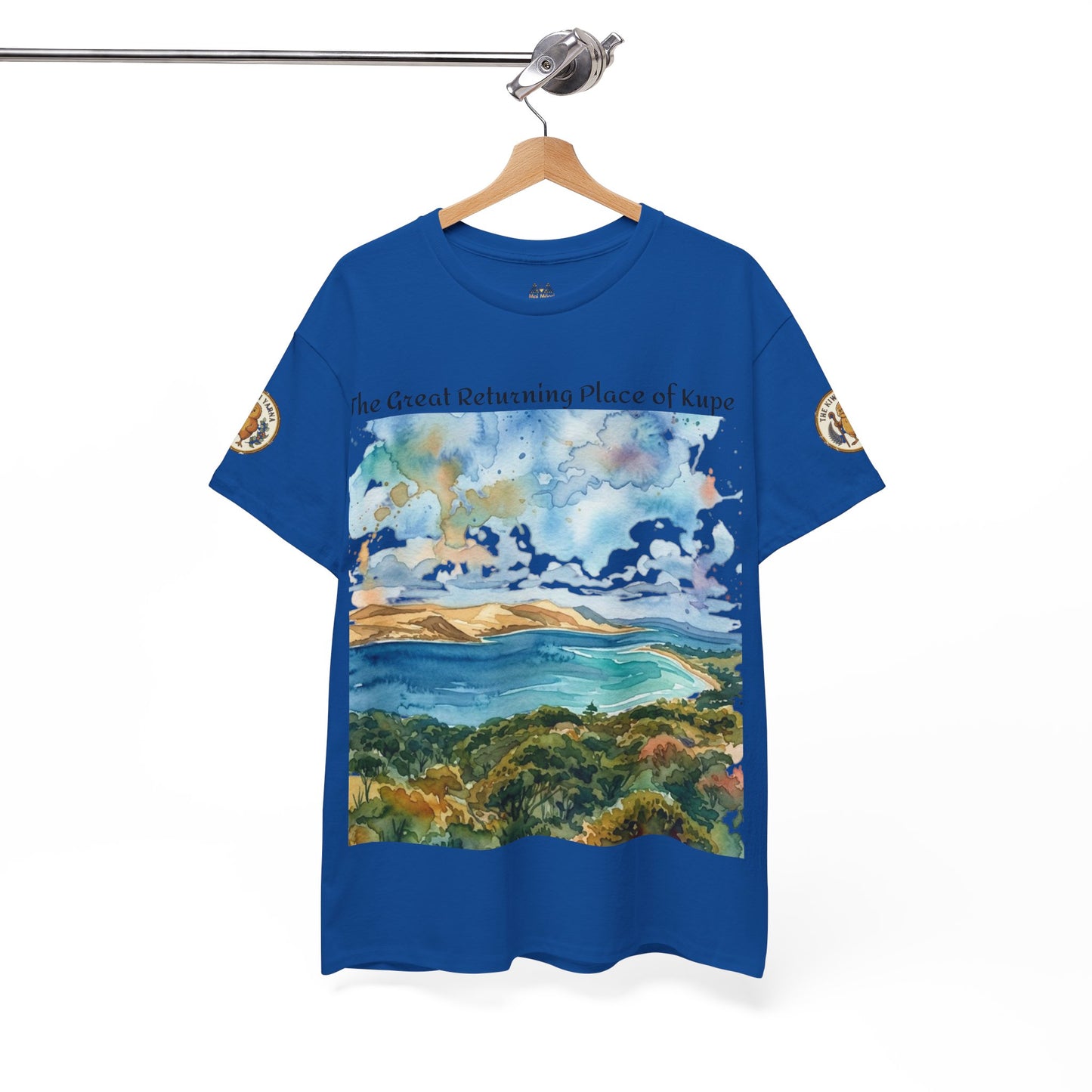 Blue graphic T-shirt on hanger, scenic landscape print and round sleeve patch details