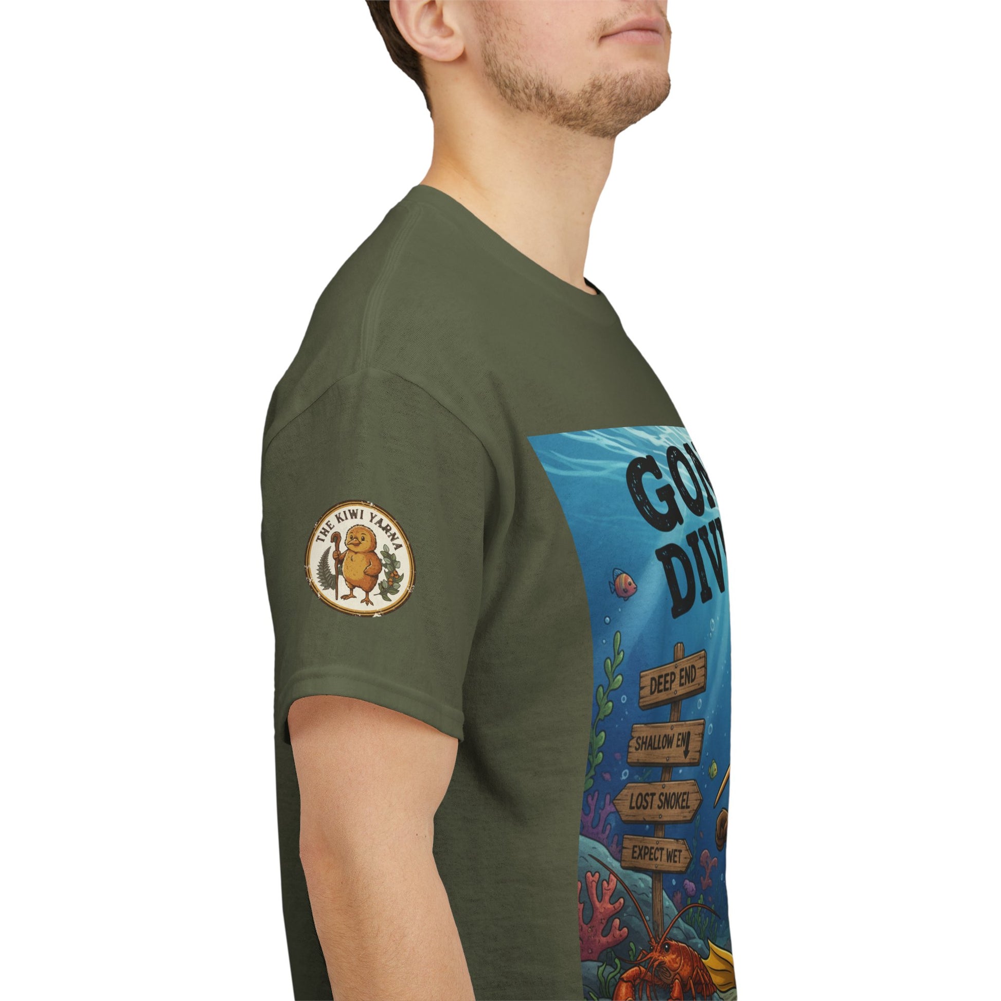 Dark green graphic T-shirt with sleeve logo patch and diver artwork panel