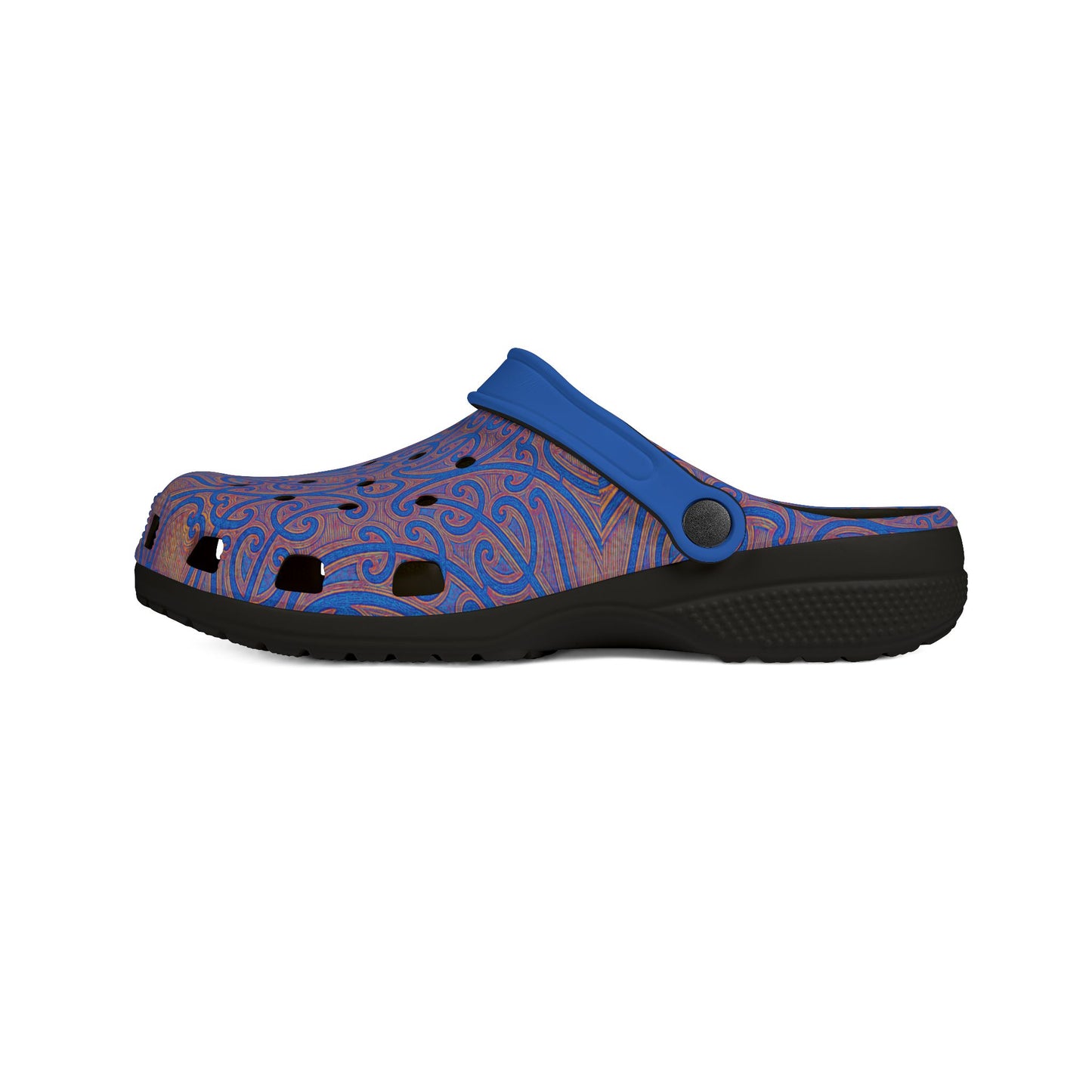 Croc-style clog in blue with purple patterned upper and dark rubber sole, side angle.