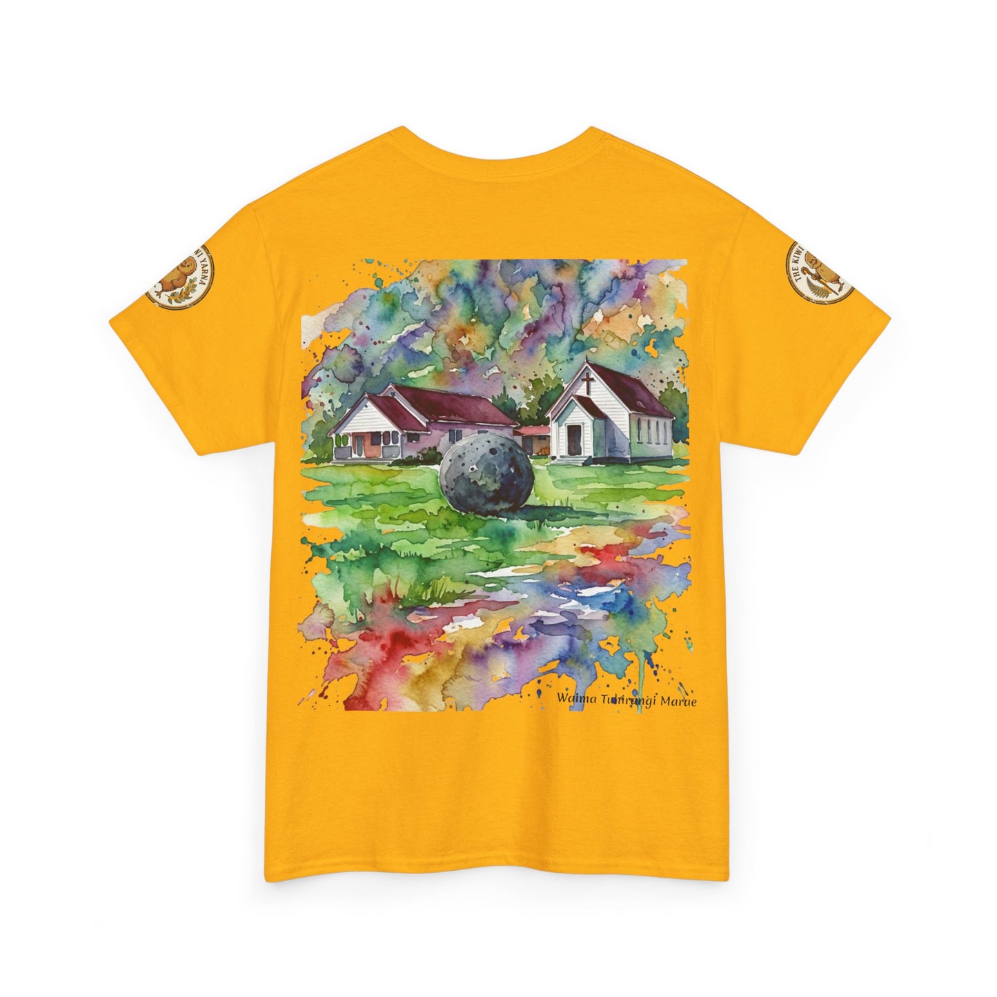 Yellow T-shirt with colorful watercolor landscape art and small side sleeve patches