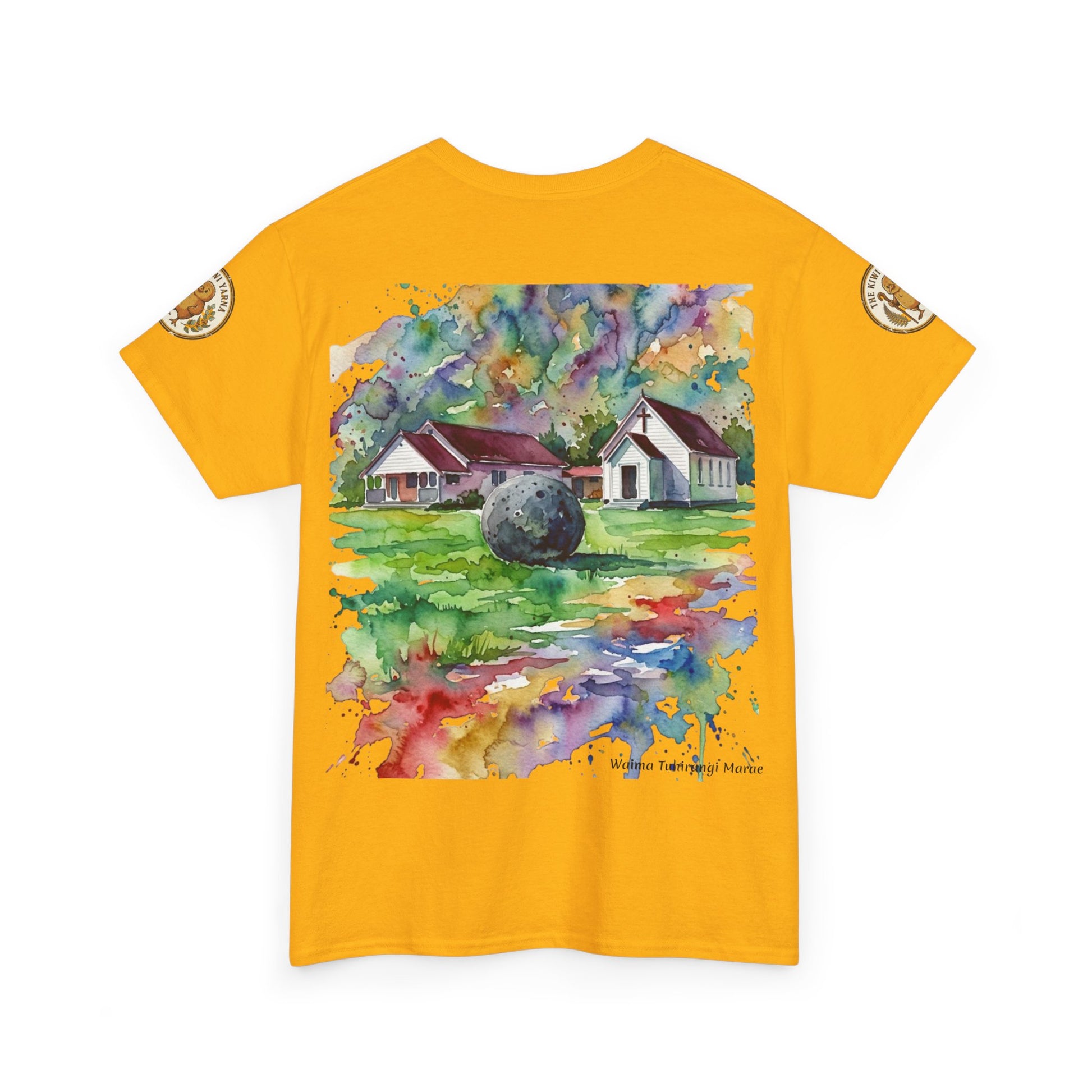 Yellow T-shirt with colorful watercolor landscape art and small side sleeve patches