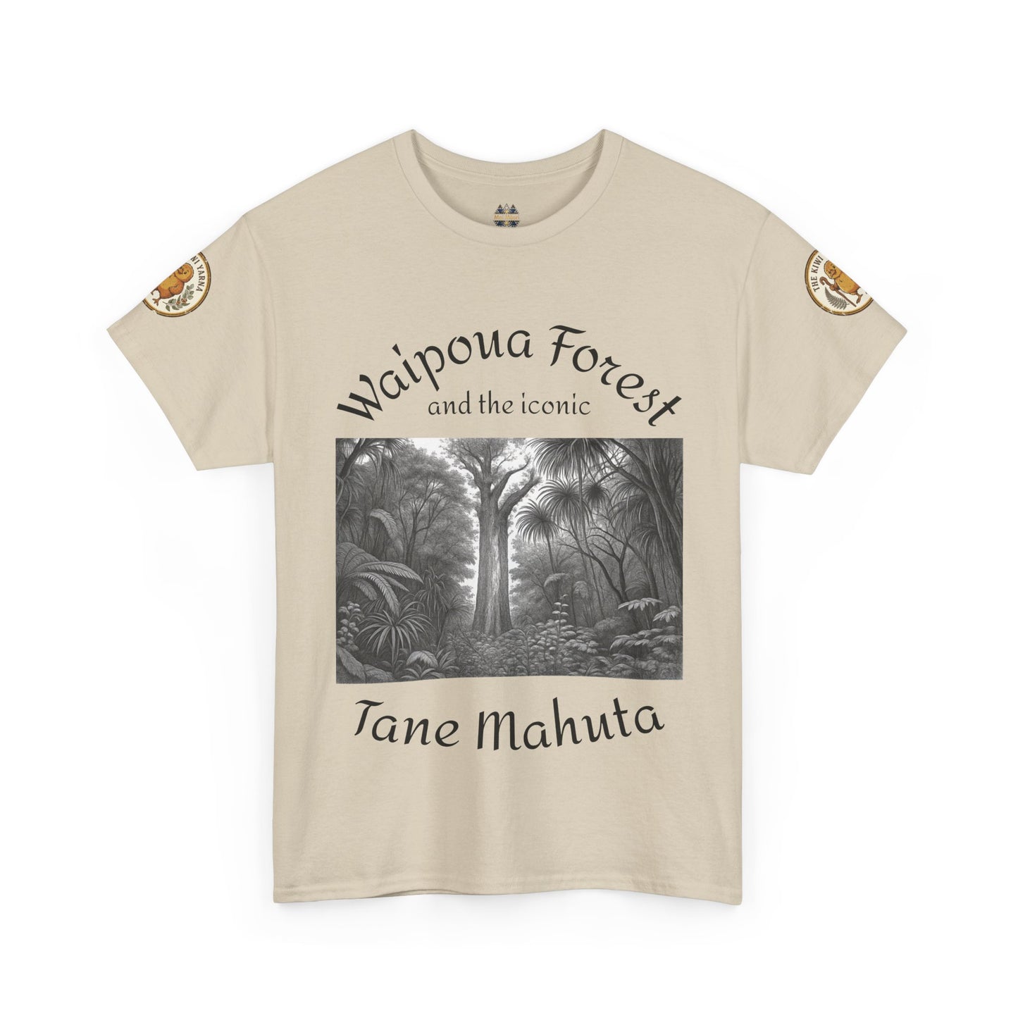 Beige graphic T-shirt with monochrome forest print and 'Tane Mahuta' script