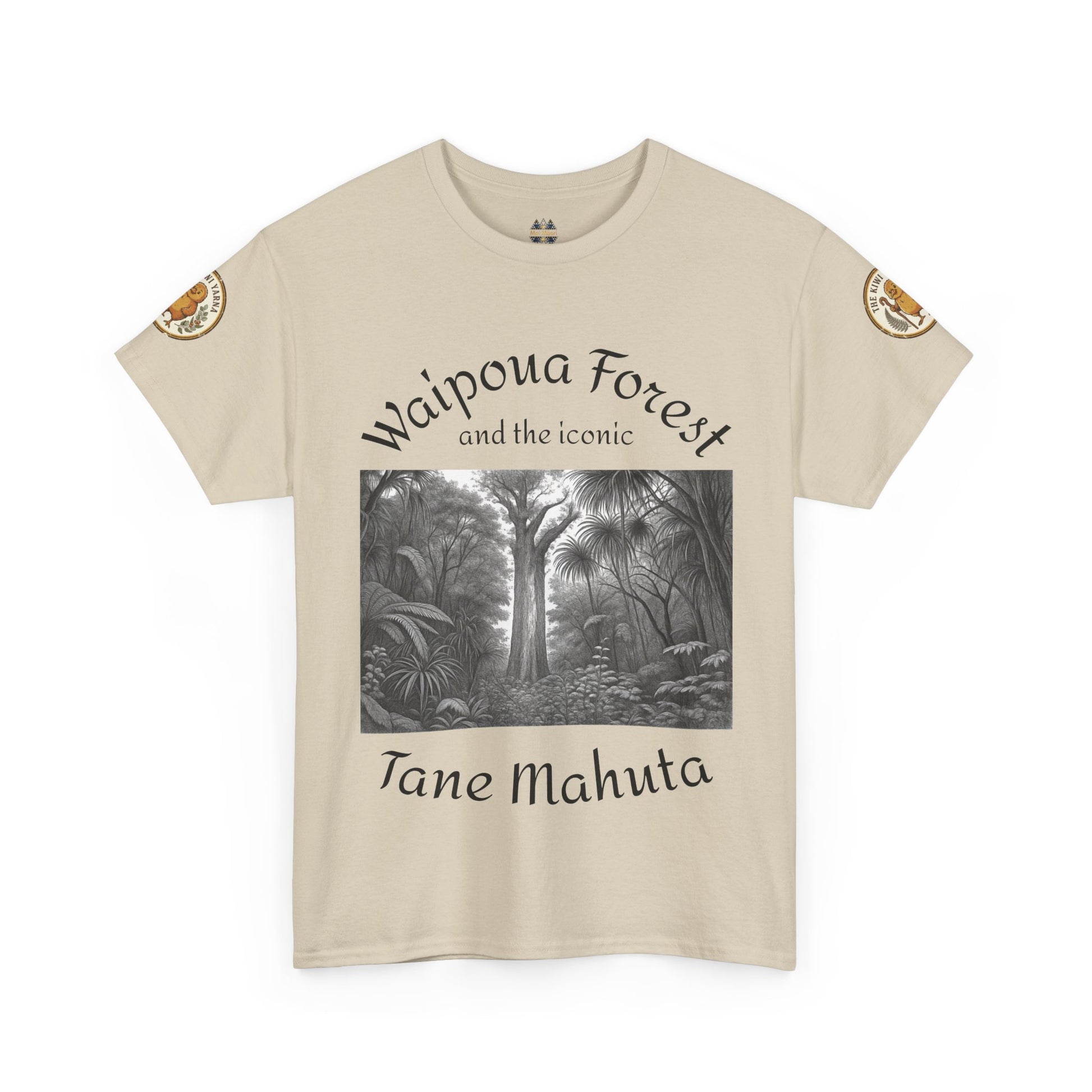 Beige graphic T-shirt with monochrome forest print and 'Tane Mahuta' script