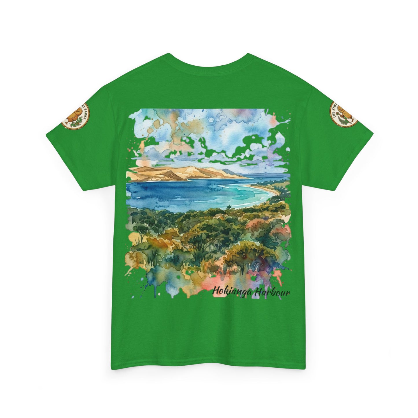 Hokianga Harbour graphic T-shirt in green with front watercolor landscape print