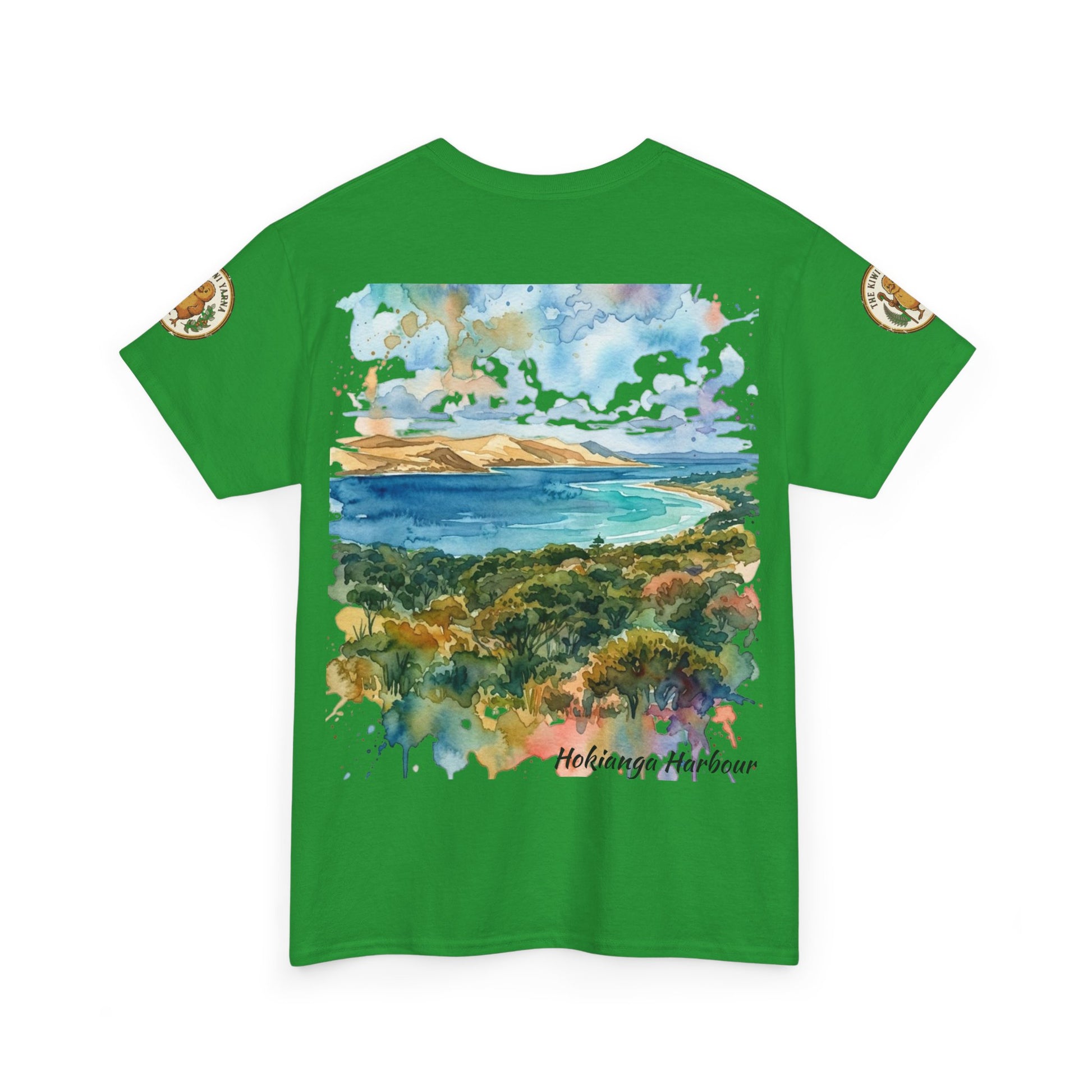 Hokianga Harbour graphic T-shirt in green with front watercolor landscape print