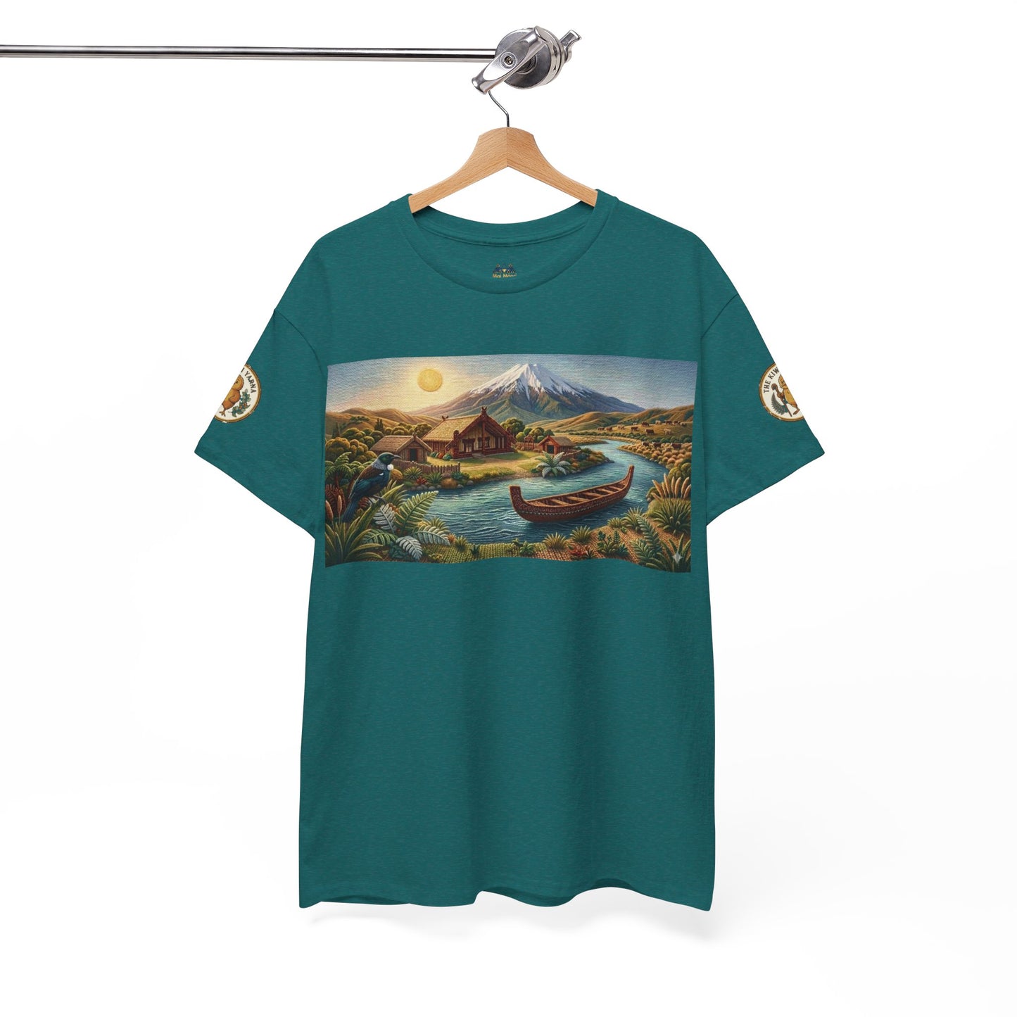 Teal crewneck T-shirt hanging display with front landscape canoe graphic and sleeve logos.