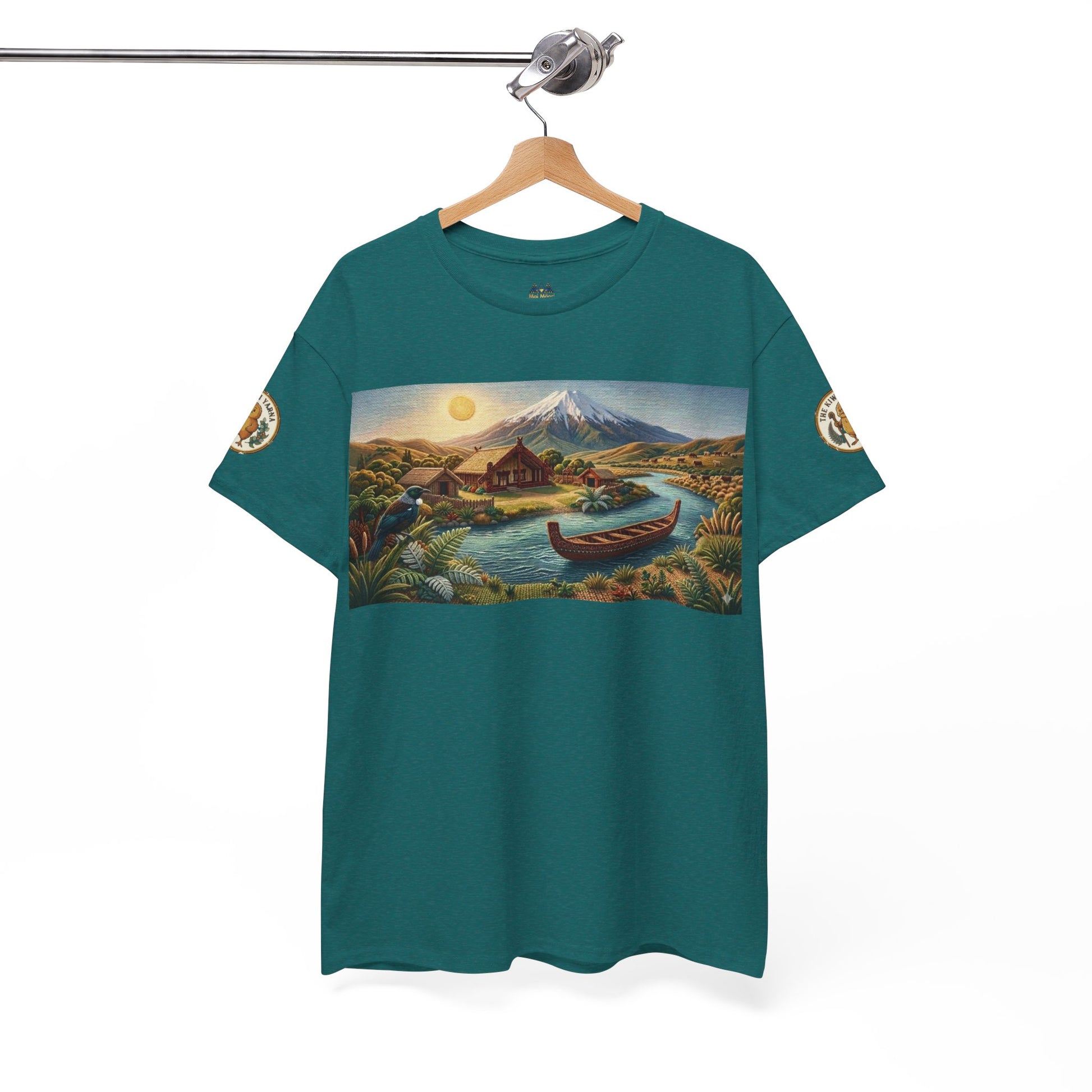 Teal crewneck T-shirt hanging display with front landscape canoe graphic and sleeve logos.