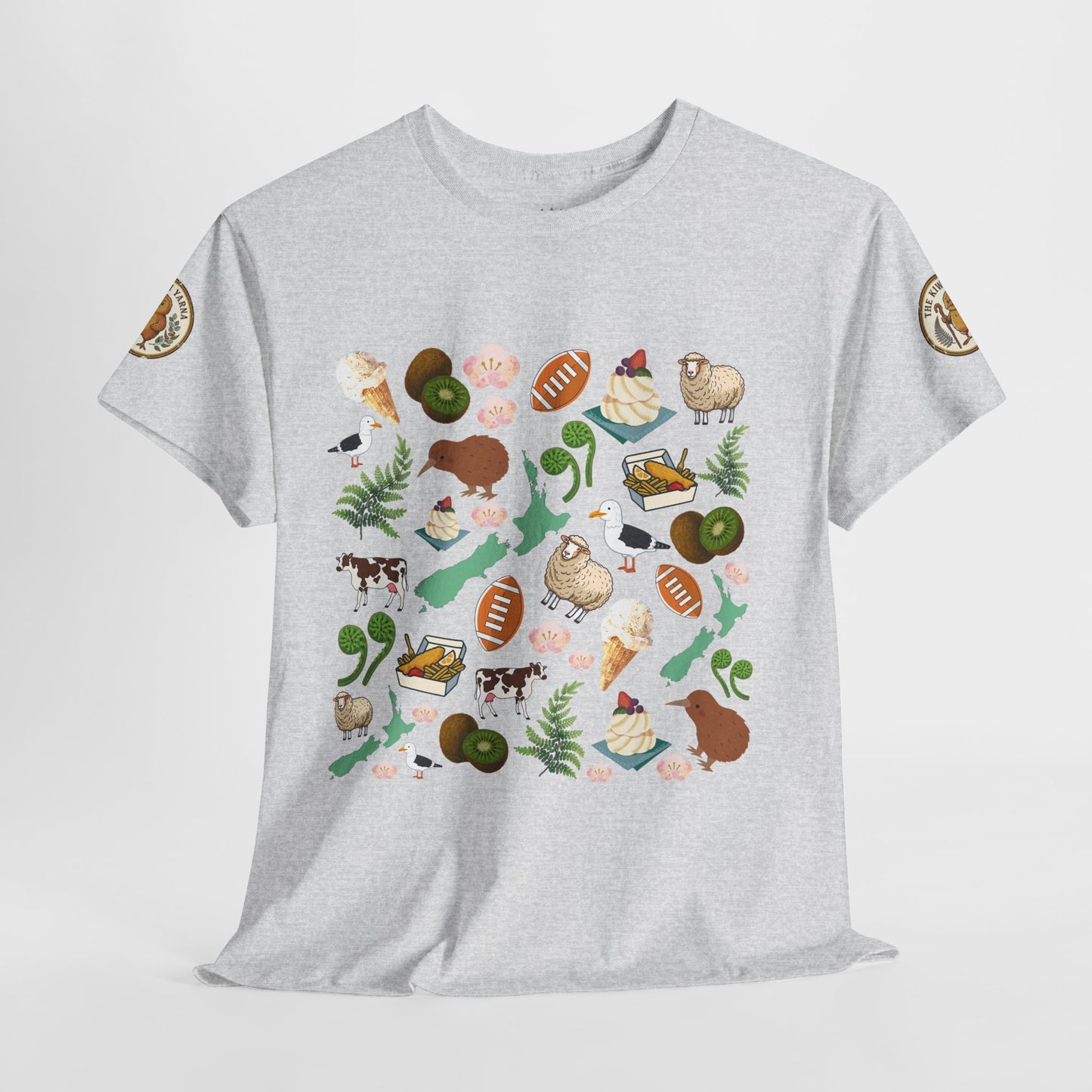 Gray heather T-shirt with centered Kiwiana collage graphic and small sleeve patches