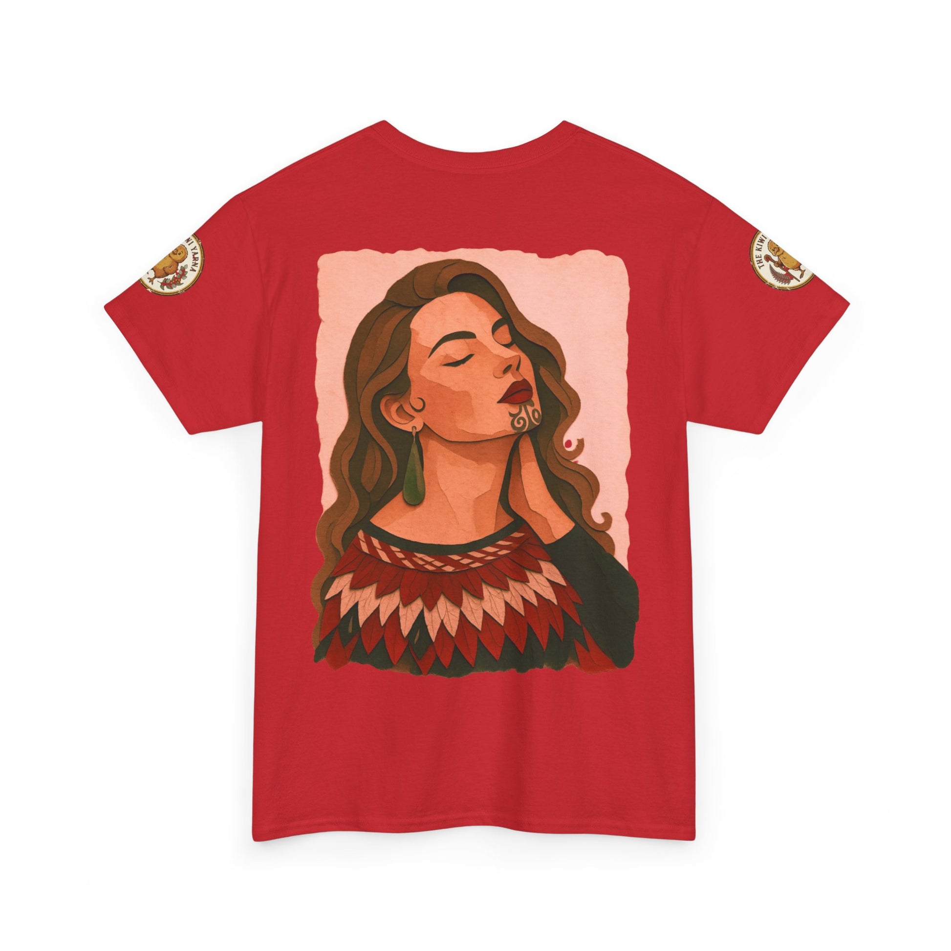 Red graphic T-shirt with crew neck, short sleeves, and woman portrait front print.