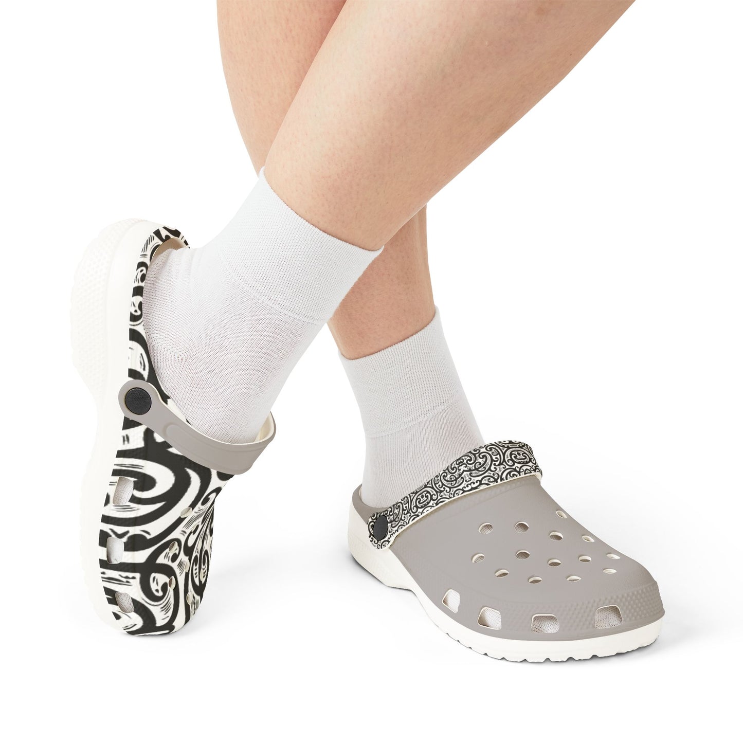 Ponga clogs on white socks, light-gray perforated top with patterned side panels