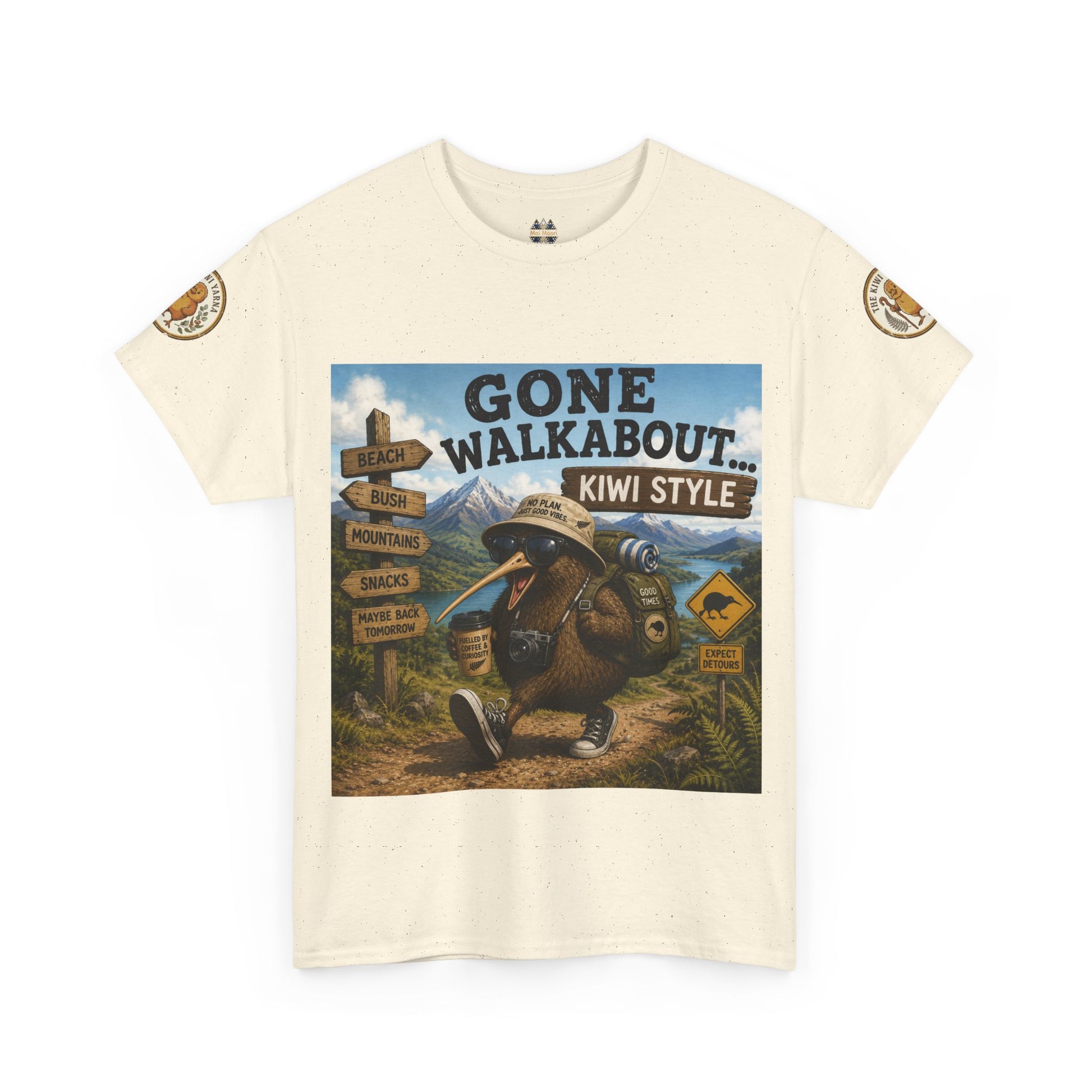 Off-white crew-neck graphic T-shirt with rectangular “Gone Walkabout” kiwi-style front print