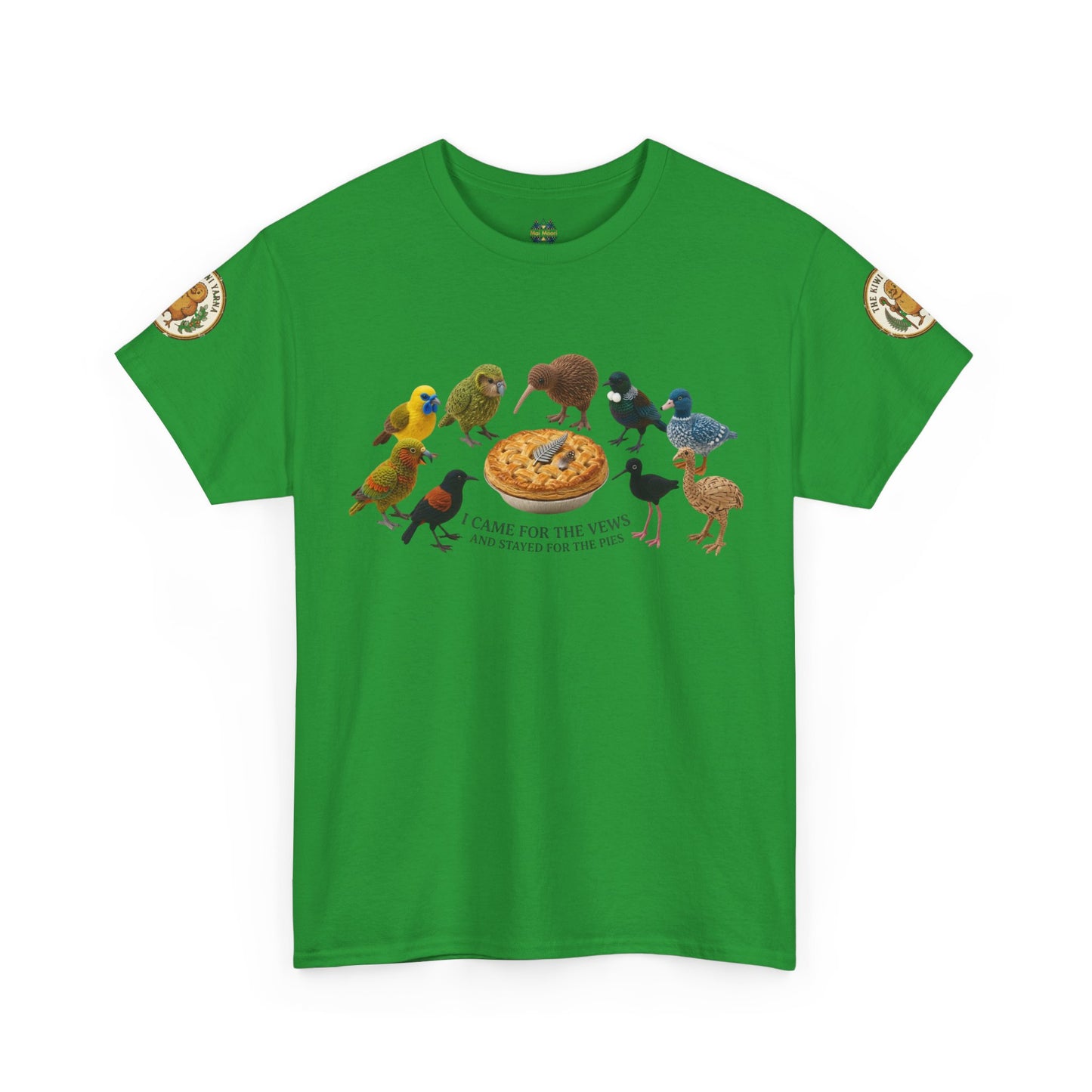 Green graphic T-shirt with crew neck and colorful bird-and-pizza design on front
