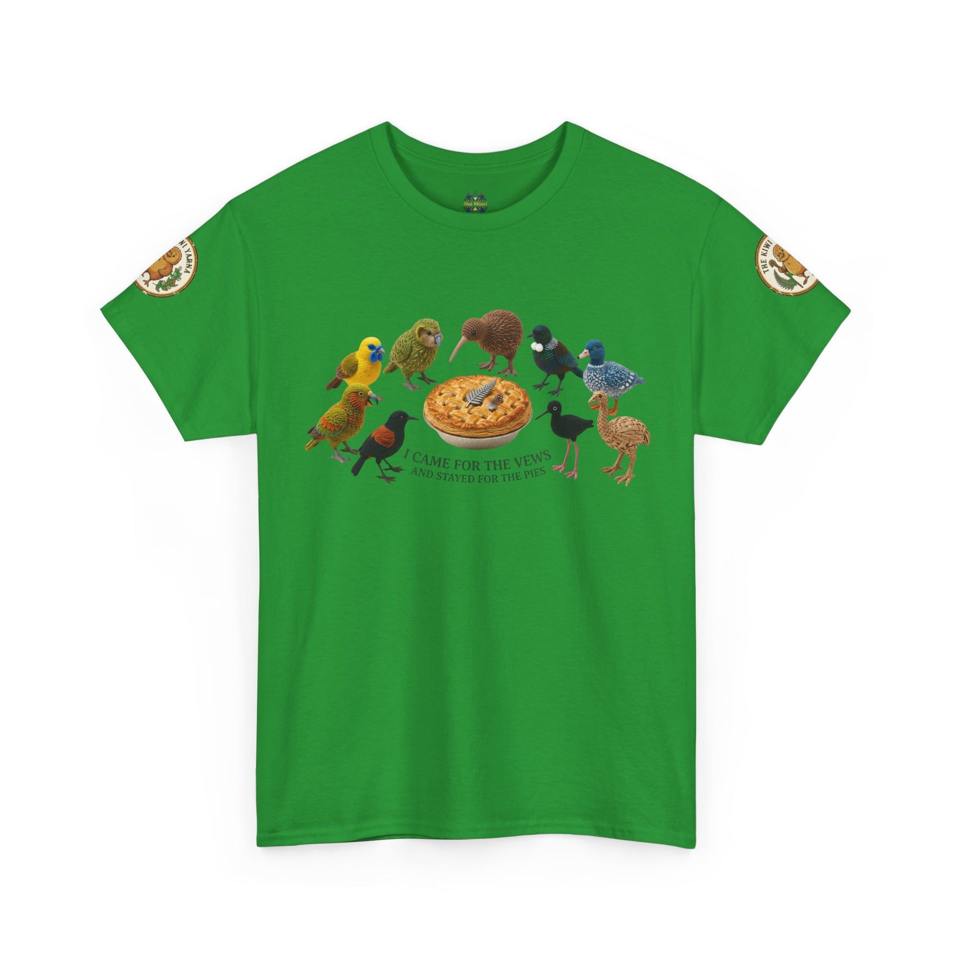 Green graphic T-shirt with crew neck and colorful bird-and-pizza design on front