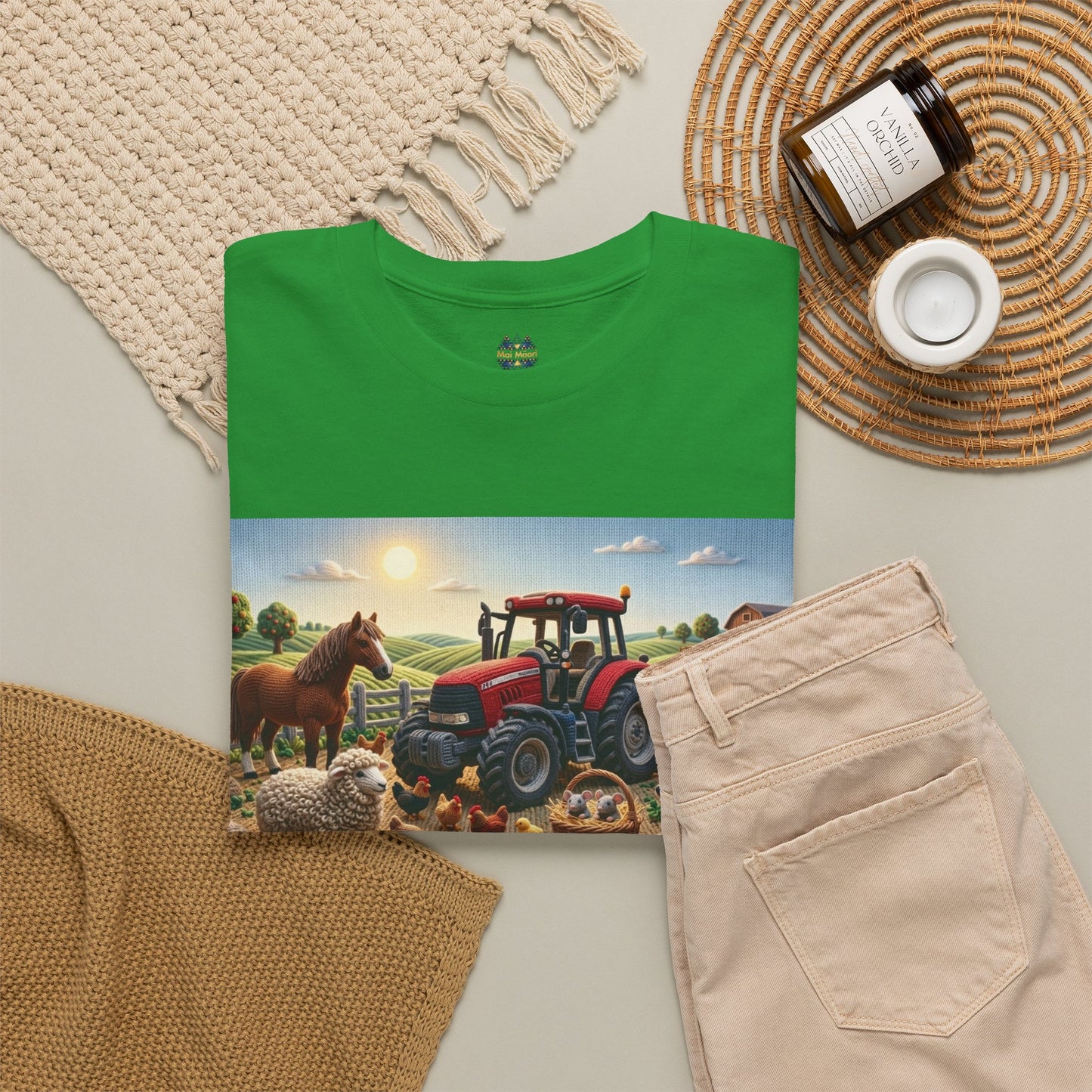 Green crewneck T-shirt with farm tractor scene graphic