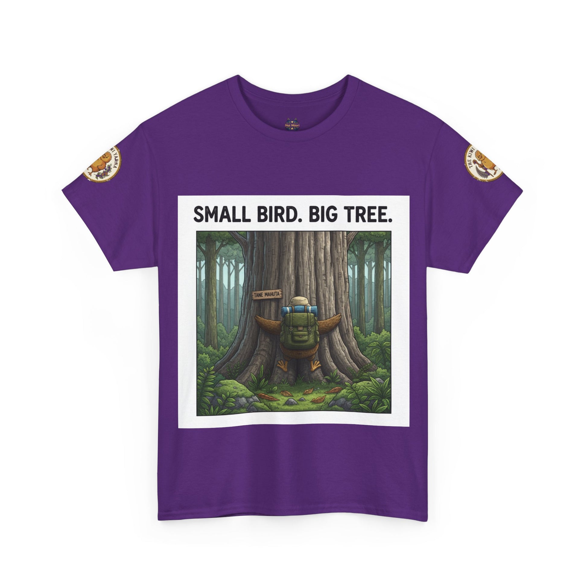 Purple crewneck T-shirt with forest graphic and 'Small Bird. Big Tree.' print