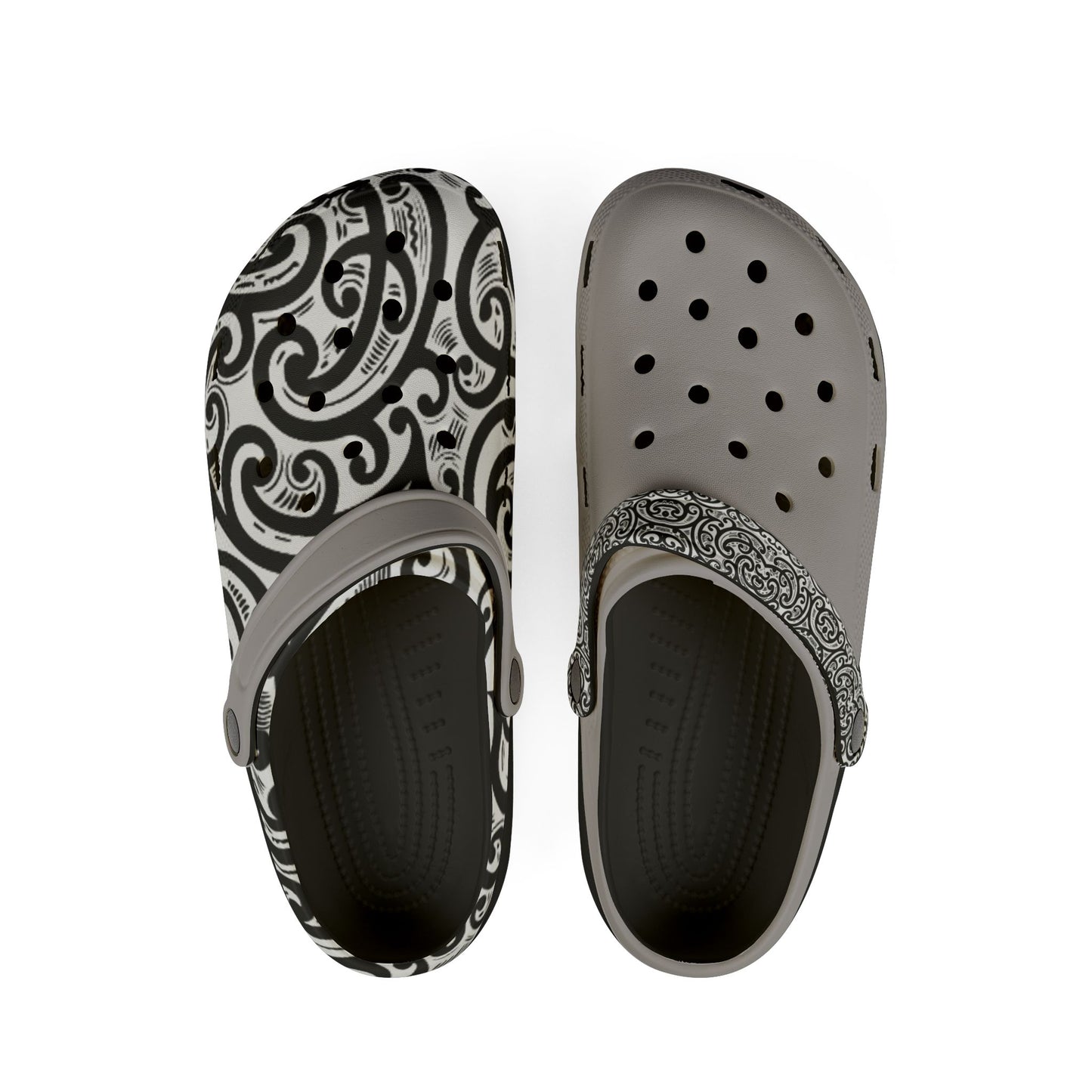 Ponga clogs, black-and-white paisley print with gray perforated top and dark inner