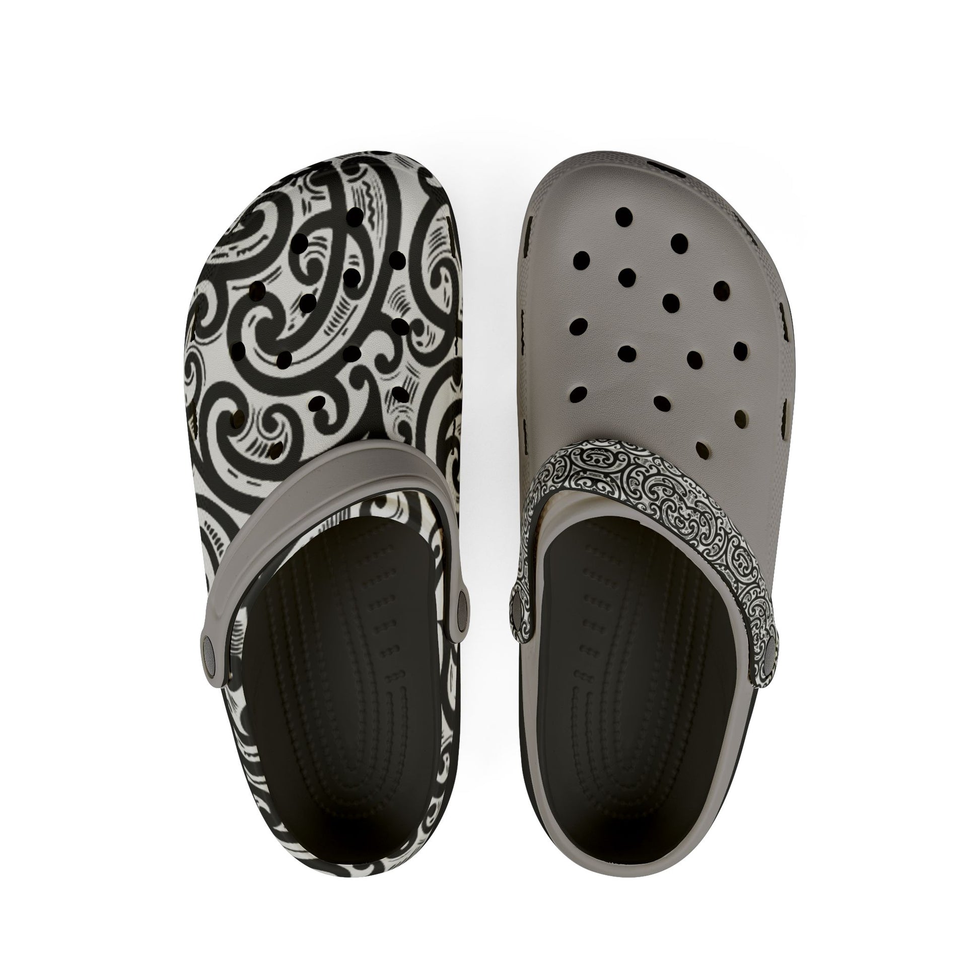 Ponga clogs, black-and-white paisley print with gray perforated top and dark inner