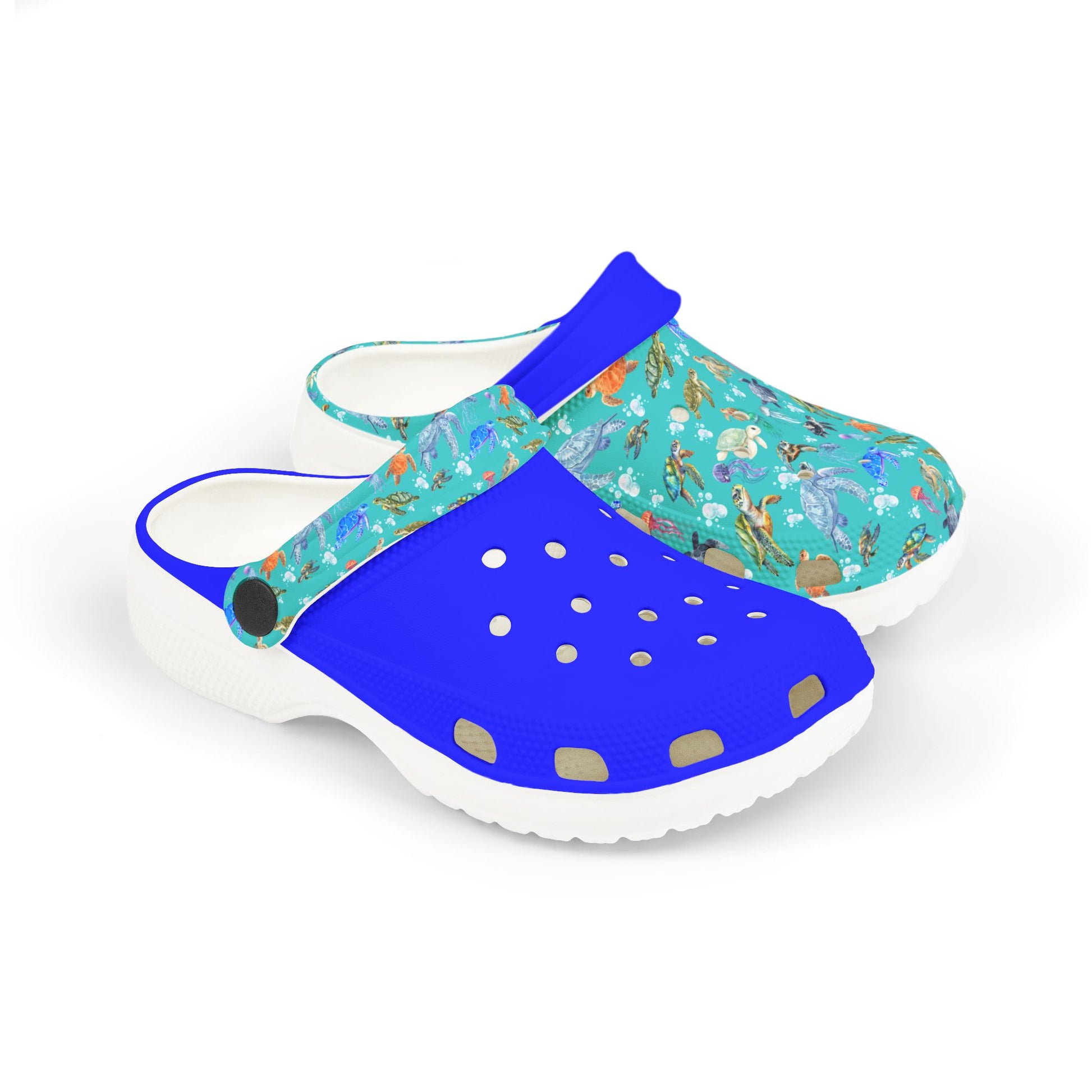 Kids slip-on clogs: teal ocean-pattern upper with blue strap and white cushioned sole