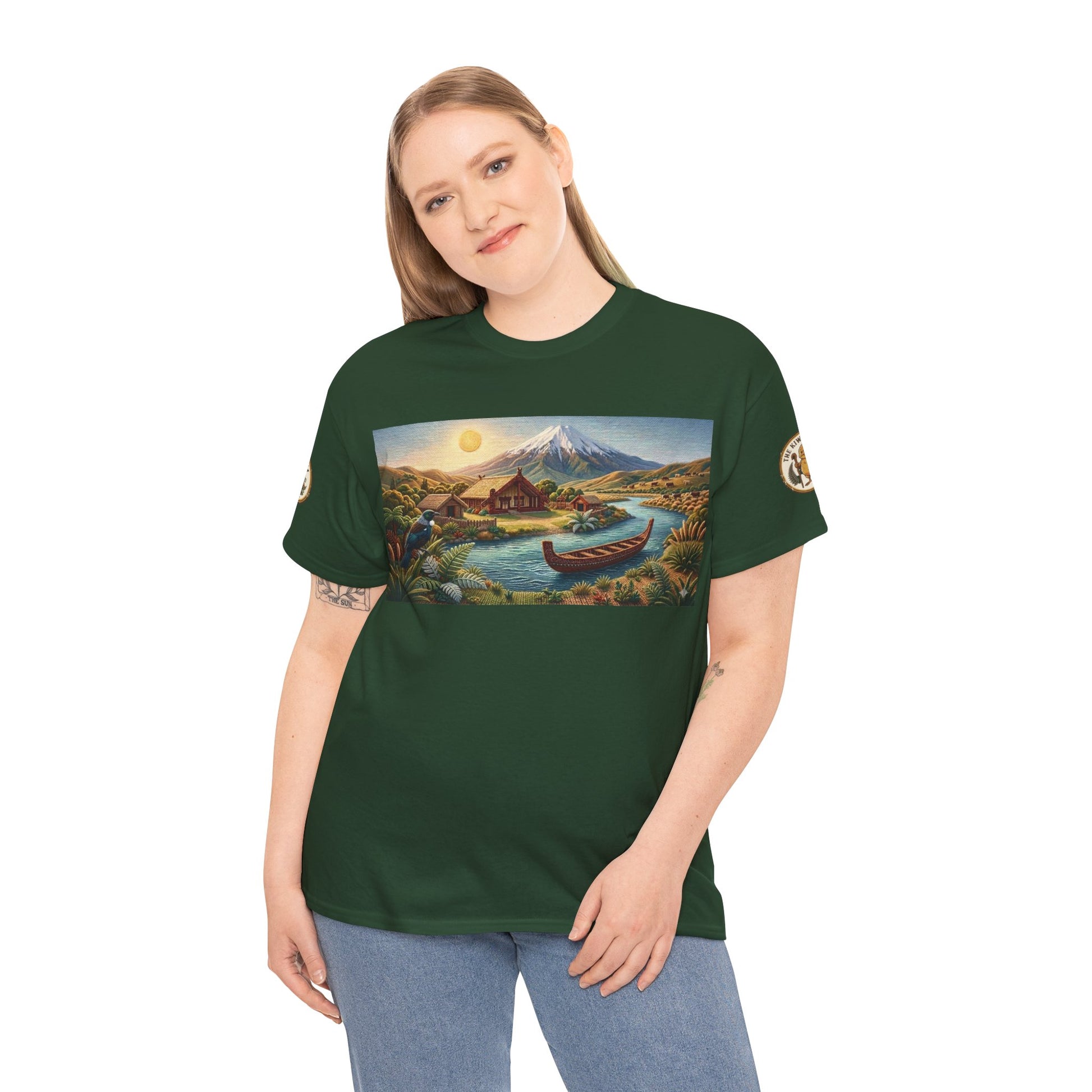 Woman wearing dark green graphic T-shirt with front landscape print