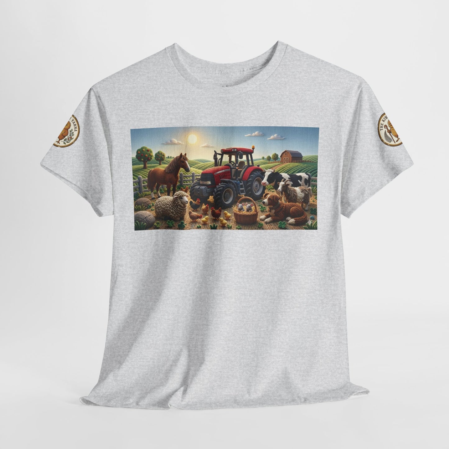 Light gray crewneck T-shirt with large farm tractor-and-animals front print and sleeve emblems