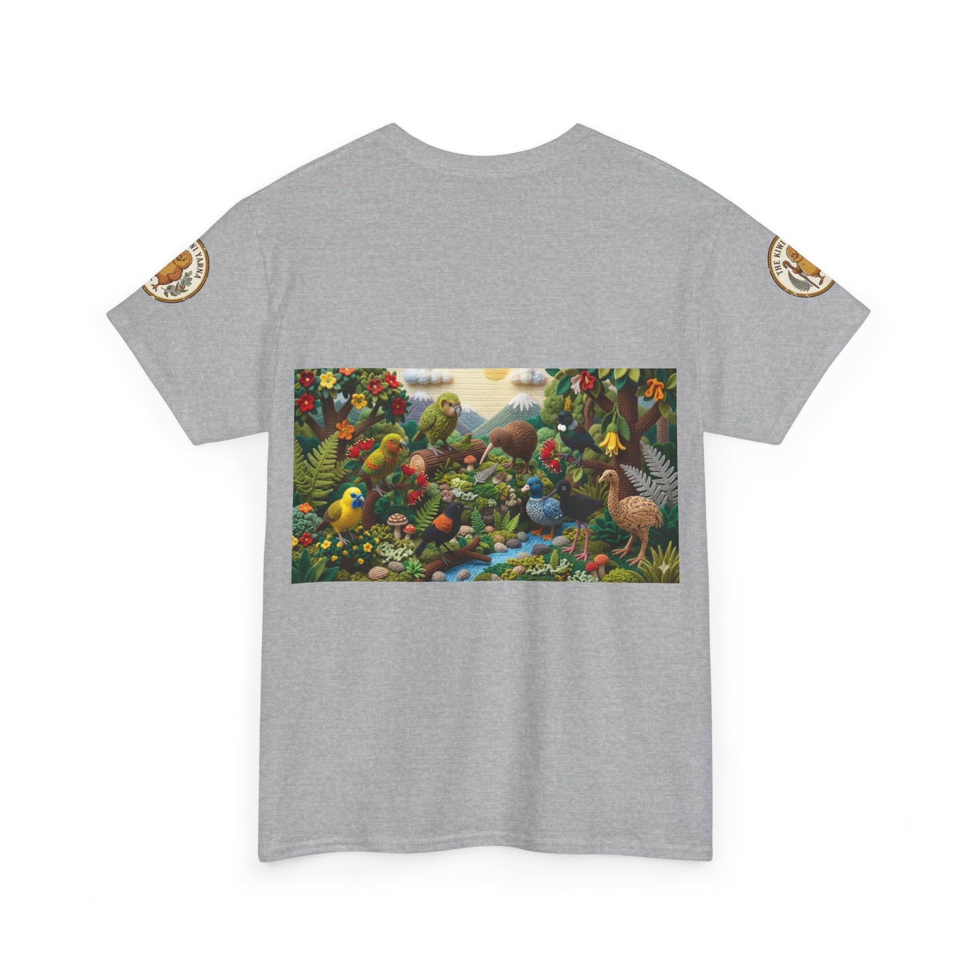 Heather gray crew-neck T-shirt with colorful birds-and-forest rectangular front graphic.